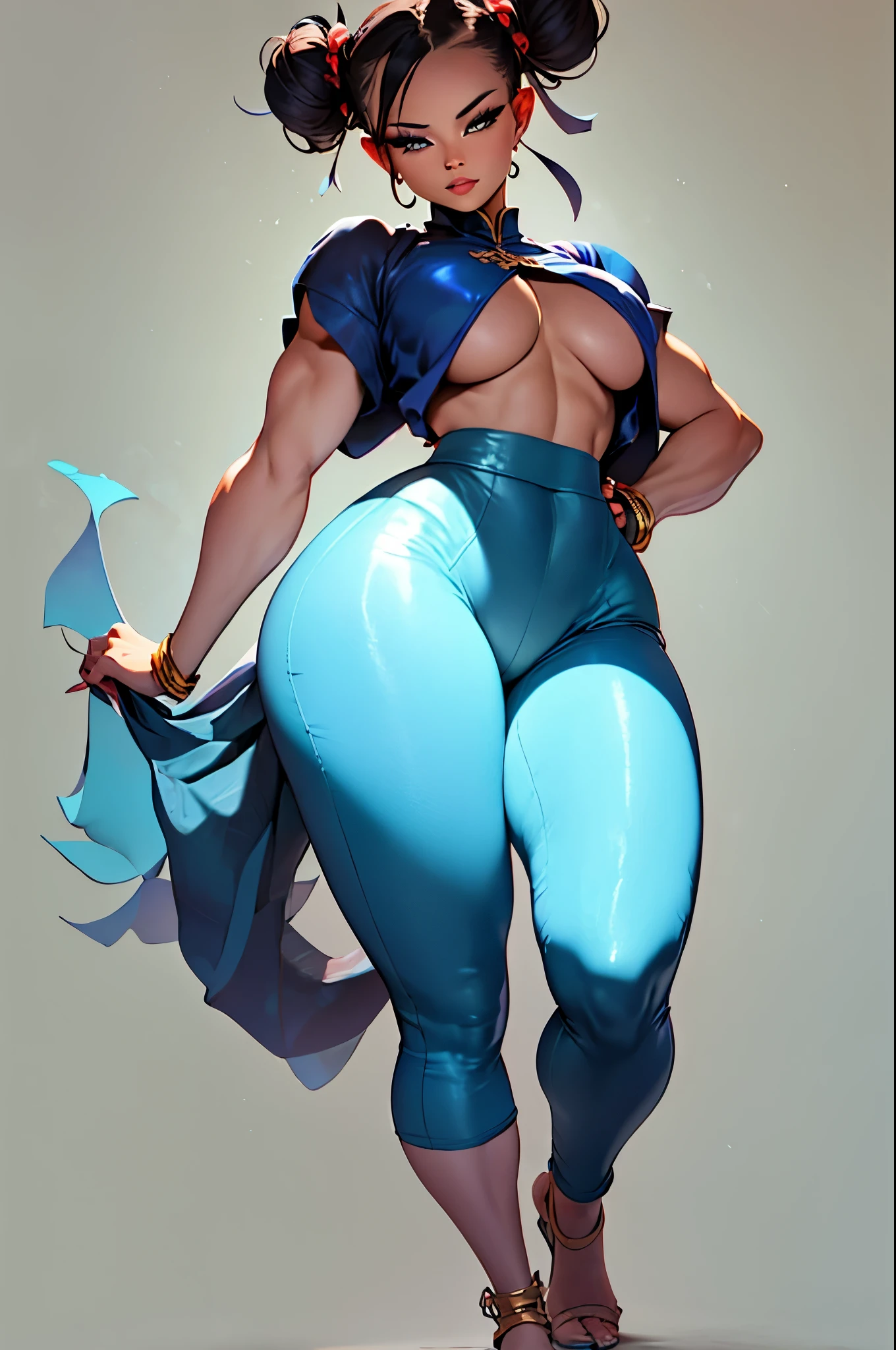 (masterpiece, best quality, high resolution), emmnorts as chun-li, chunlims, full body, full body view, hair bun, double bun, eyeshadow, makeup, chinese clothes, pelvic curtain, solo, dress, bracelet, ribbon, pants, blue pants, makeup, short sleeves, wide ????, thick thighs, thigh gap, ???????????, hard ???????, perky ????, ???? legs, ???? feet, beautiful legs, beautiful feet