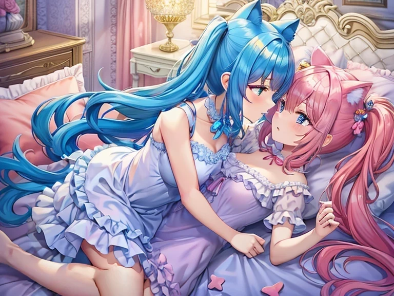 nsfw,((One Man and Two Women,Having sex)),lying down,Lift both legs,Sex,Light blue hair,Light pink hairstyles，Cat ear，Pink Eyes，light blue ****ta，White socks，,Pink ribbon,Open Mouth Smile,Best image quality,Highest quality