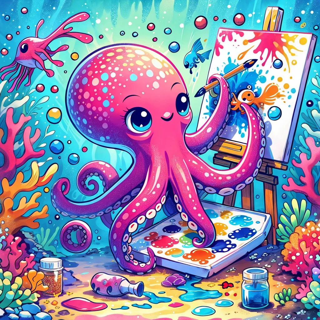 Continue with the same style and whimsical atmosphere as the previous illustrations, depicting an underwater world with a cute octopus engaging in painting. Emphasize the intense splatter effect of oil paint and colorful ink, with more splashes on the canvas and on the octopus itself. The octopus should appear happily engaged in its artistic activity, surrounded by a vibrant aquatic environment with coral and marine life.