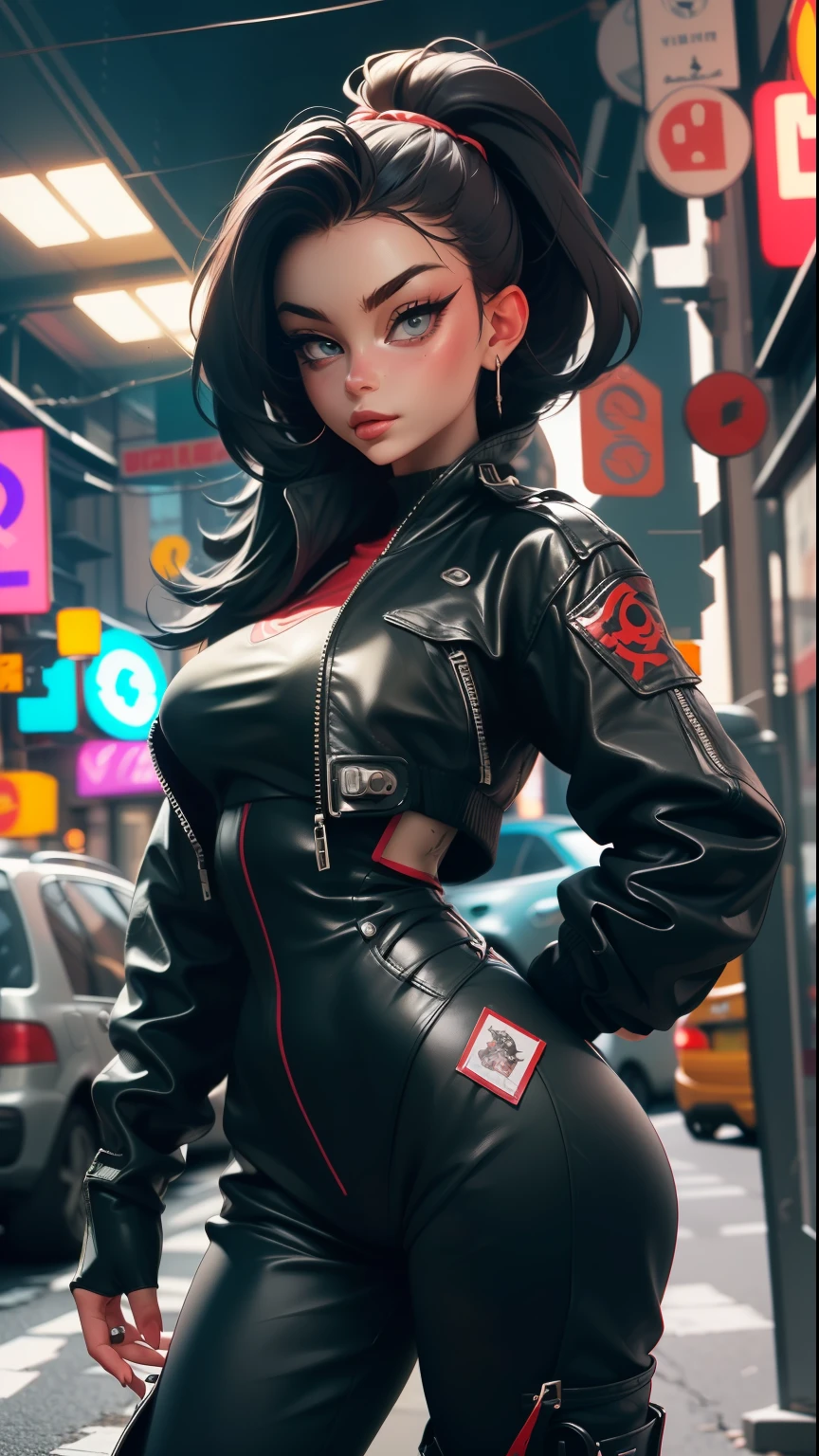 ((Best quality)), ((masterpiece)), (highly detailed:1.3), 3D, beautiful cyberpunk:, stylish emmanorts woman looking at camera black leather clothes