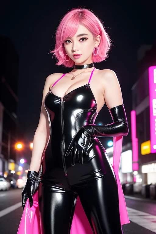 female idol、nude lip gloss、smiling face、smoky eyeshadow、dewy complexion、winged eyeliner、((dramatic lashes))、((full body Esbian))、shiny very large earrings(neon hot pink)、shiny very large necklace(neon hot pink)、shiny glossy latex strapless bra(neon hot pink)、(shiny glossy long latex gloves(neon black))、shiny glossy latex mini slip(neon hot pink)、shiny glossy latex overknees(neon hot pink)、((colorful short hair(neon hot pink)))、conceptual art, High quality, Realistic, extremely detailed CG unified 8k wallpaper, highly detailed, High-definition raw color photos, professional photography, Cinematic Light, Beautiful detailed, Super Detail, high detail, (((Bokeh))), depth of fields, illumination, Neon Street, Super stylish lighting