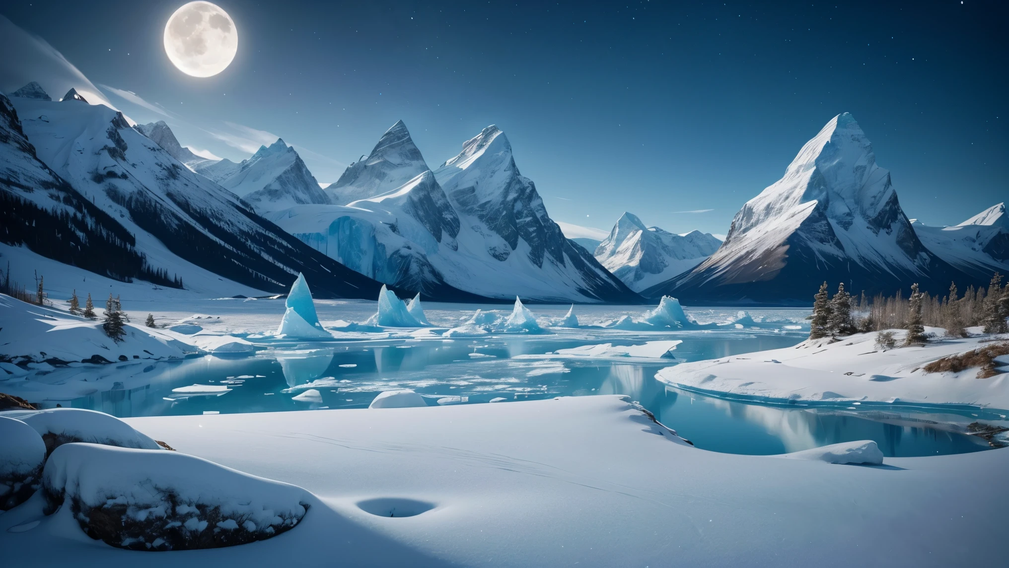 An exquisite arctic landscape painted in various shades of ethereal blue, showcasing the untouched beauty of icy glaciers, sparkling snow-covered peaks, and an expansive frozen forest stretching as far as the eye can see. A landscape with feminine curves. Mounds reminiscent of the
the shape of generous breasts. An ultra modern scientific base is casting light to the sky. The serene atmosphere is intensified by the soft glow of the moon reflecting off the crystalline ice, creating a captivating tableau of pure tranquility and awe-inspiring natural wonders. Northern lights. National geographic style. Masterpiece. UHD.