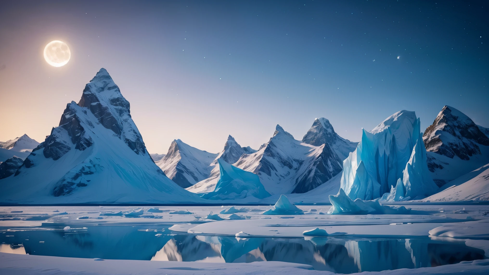 An exquisite arctic landscape painted in various shades of ethereal blue, showcasing the untouched beauty of icy glaciers, sparkling snow-covered peaks, and an expansive frozen forest stretching as far as the eye can see. A landscape with feminine curves. Mounds reminiscent of the
the shape of generous breasts. An ultra modern scientific base is casting light to the sky. The serene atmosphere is intensified by the soft glow of the moon reflecting off the crystalline ice, creating a captivating tableau of pure tranquility and awe-inspiring natural wonders. Northern lights. National geographic style. Masterpiece. UHD.