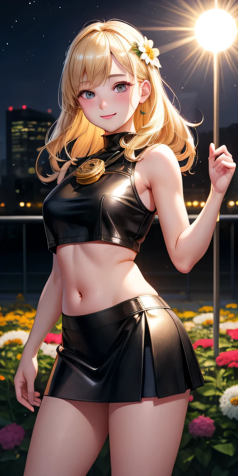 1 girl, blonde hair, black eye, shining eyes, crop top, mini skirt, smile、realistic, blush, night, flowers, sun, sunlight, masterpiece, 最high quality, high quality, High resolution