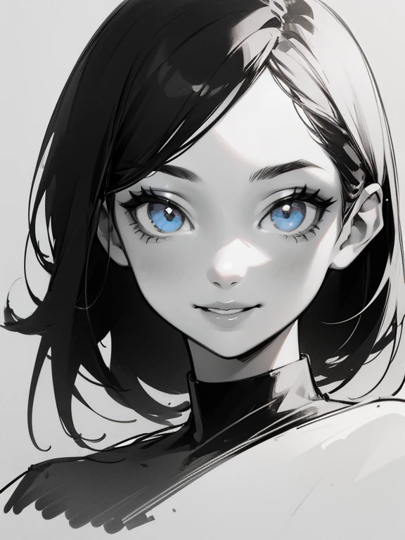 minimalist, flat character design, cute cartoon girl with medium length hair and ice cream in hand, black and white colour scheme, headshot, bold black line drawing, frontal, head close-up, white background, simple, doodle, flat vector illustration, sketch, Yu Nagaba style --ar 1:1