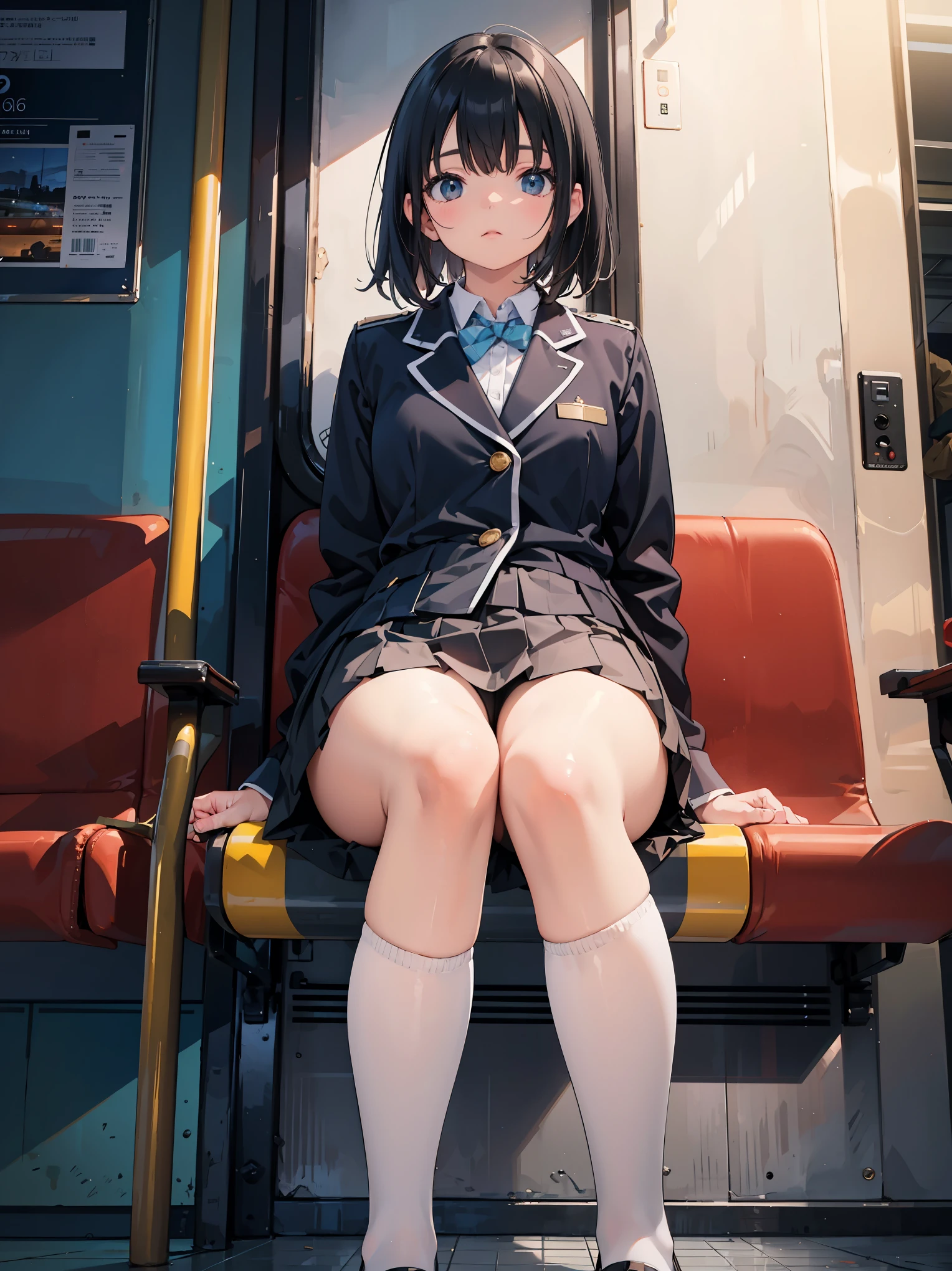 "(masterpiece, High resolution, Ultra High resolution, 4K) black hair, Japan girl , uniform skirt, emphasizing thighs, white thighs, soft thighs, Gorgeous thighs, Sitting on the train, face to face angle, (angle from below),sitting on a train seat,sitting in front,Crotch zoom camera,Put your feet on the train floor,whole body,Sleepy looking down,only looking at the viewer", highest quality, 超High resolution, (realistic:1.4),, High resolution, detailed, RAW photo, Shapuri, Nikon D850 Film Stock Photo by Lee Jefferies 4 Kodak Portra 400 Camera F1.6 lens rich colors hyper realistic lively textures dramatic lighting unreal engine artstation trends cinestir 800,