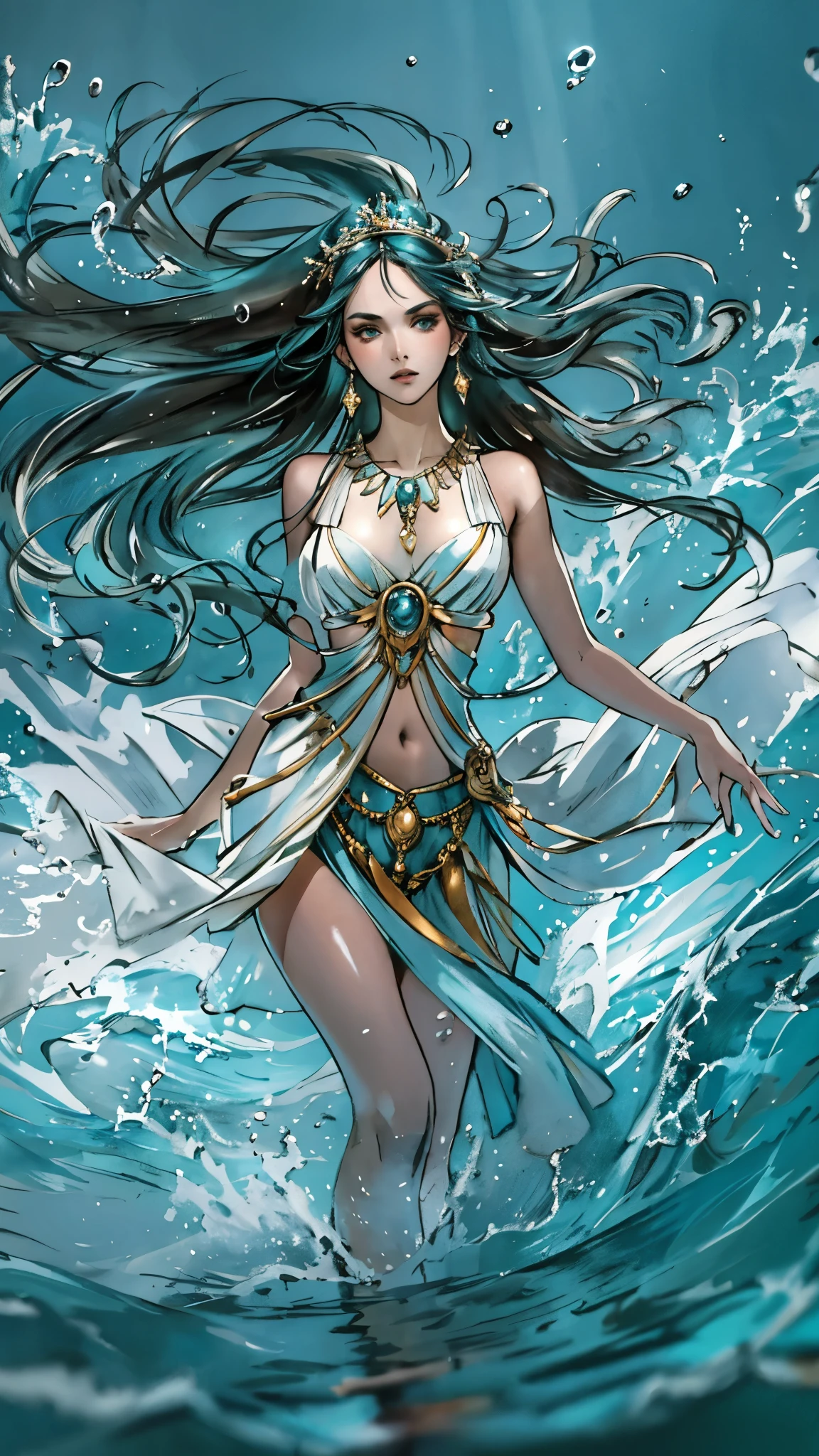 A beautiful woman with cascading waves of aqua-blue long hair, exquisite facial features, a melancholic expression, delicate and bright eyes, skin as smooth and radiant, her slender and graceful figure dances like water splashes in the wind, a splendid fantasy-style islander ethnic costume, a short skirt resembling ocean waves, her slender legs leap lightly above the water surface, surrounded by splashing droplets that dance in the air, this character embodies a finely crafted fantasy-style female dancer in anime style, exquisite and mature manga art style, high definition, best quality, highres, ultra-detailed, ultra-fine painting, extremely delicate, professional, anatomically correct, symmetrical face, extremely detailed eyes and face, high quality eyes, creativity, RAW photo, UHD, 8k, Natural light, cinematic lighting, masterpiece-anatomy-perfect, masterpiece:1.5