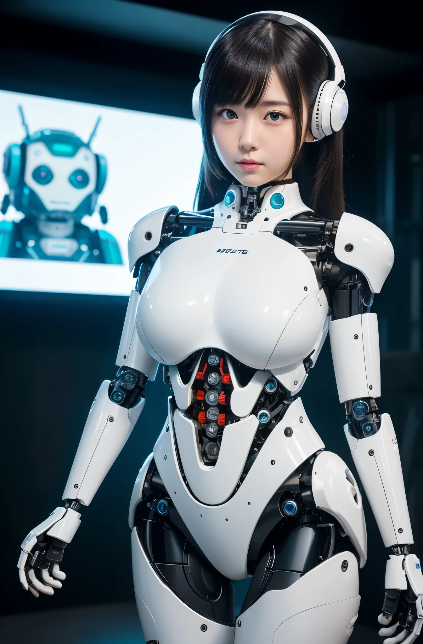 masutepiece, Best Quality, Extremely detailed, 8K portrait,1girl in, Japaese android girl,Plump , announcer,control panels,android,Droid,Mechanical Hand, ,Robot arms and legs, Black hair,Mechanical body,Blunt bangs,White Robotics Parts,perfect robot woman,Charging spot,Long Tube,A thick cable was connected to her neck,ceramic body ,Mechanical body, mechanical ear covers,android,robot humanoid,a bit chubby,panty,full eyes,perfect mechanical body,white robotics body,future laboratory,android factory,mechanical ear cover,white and aqua uniform,costume with aqua accents,