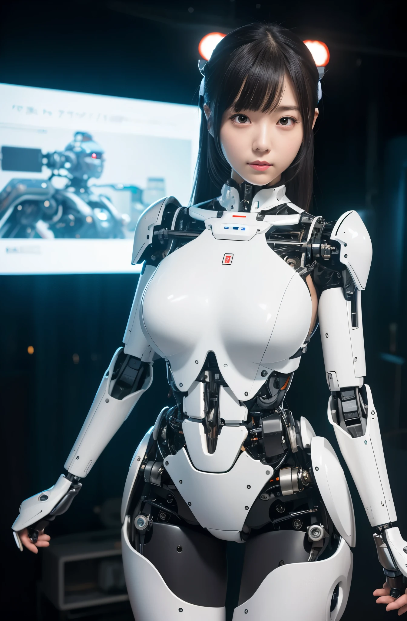 masutepiece, Best Quality, Extremely detailed, 8K portrait,1girl in, Japaese android girl,Plump , announcer,control panels,android,Droid,Mechanical Hand, ,Robot arms and legs, Black hair,Mechanical body,Blunt bangs,White Robotics Parts,perfect robot woman,Charging spot,Long Tube,A thick cable was connected to her neck,ceramic body ,Mechanical body, mechanical ear covers,android,robot humanoid,a bit chubby,panty,full eyes,perfect mechanical body,white robotics body,future laboratory,android factory,mechanical ear cover,white and aqua uniform,costume with aqua accents,