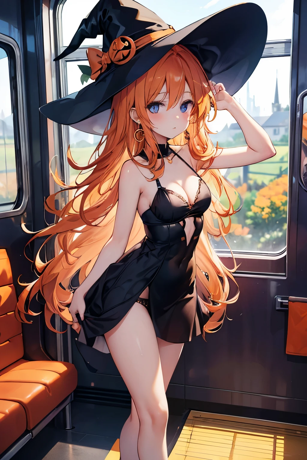 (masterpiece), best quality, expressive eyes, perfect face, long curly orange hair, small , on a train, countryside, summer, train, high heels, standing with back leaning against window , cute and sexy, , big hoop earrings, teenager,, small cleavage, sexy witch Halloween costume, pointy witch hat, panties pulled aside