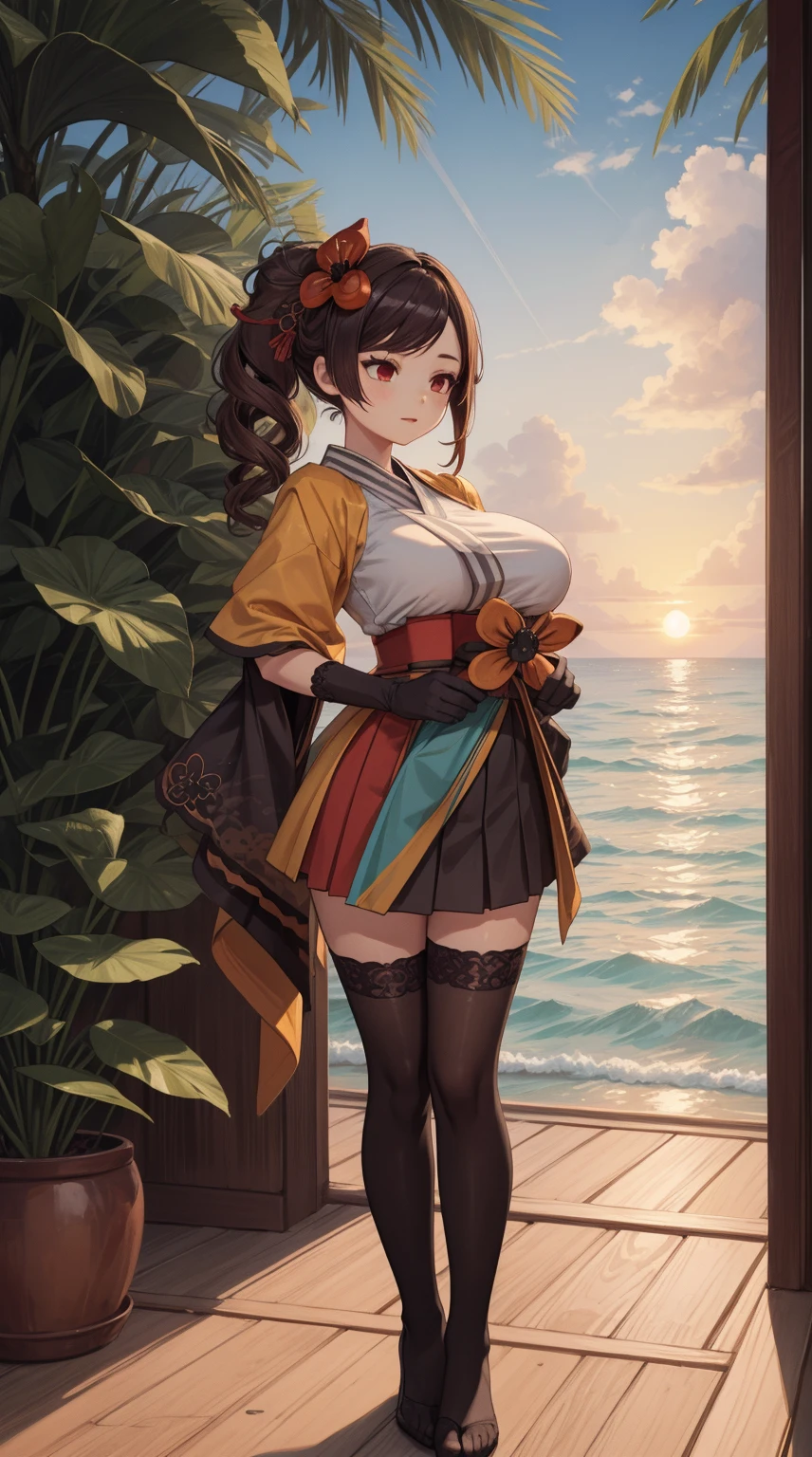 girl, solo, full body, from head to toe, standing, (Huge_Breasts:1.3),

Majestic sunset on a tropical beach with crystal clear turquoise waters, palm trees swaying in the gentle breeze, golden sand, vibrant colors, tranquil atmosphere,

chiori, 1girl, brown hair, drill hair, hair ornament, hair flower, flower, red eyes, elbow gloves, short sleeves, wide sleeves, japanese clothes, kimono, pleated skirt,dress, black thighhighs,

this character is standing in kimono