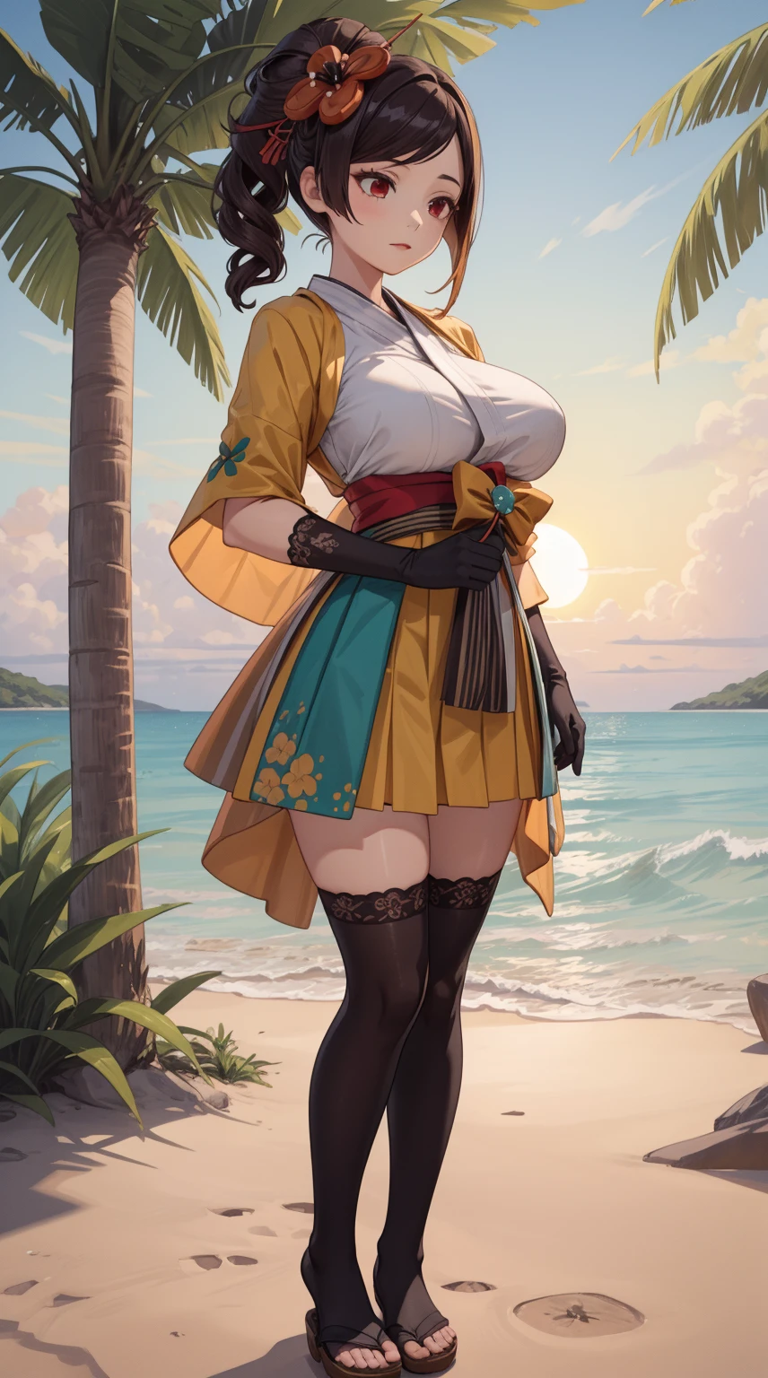 girl, solo, full body, from head to toe, standing, (Huge_Breasts:1.3),

Majestic sunset on a tropical beach with crystal clear turquoise waters, palm trees swaying in the gentle breeze, golden sand, vibrant colors, tranquil atmosphere,

chiori, 1girl, brown hair, drill hair, hair ornament, hair flower, flower, red eyes, elbow gloves, short sleeves, wide sleeves, japanese clothes, kimono, pleated skirt,dress, black thighhighs,

this character is standing in kimono