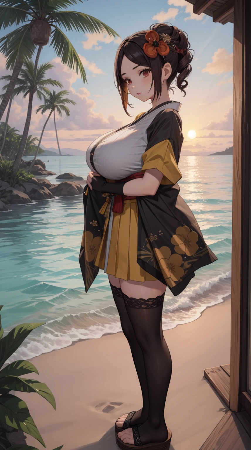 girl, solo, full body, from head to toe, standing, (Huge_Breasts:1.3),

Majestic sunset on a tropical beach with crystal clear turquoise waters, palm trees swaying in the gentle breeze, golden sand, vibrant colors, tranquil atmosphere,

chiori, 1girl, brown hair, drill hair, hair ornament, hair flower, flower, red eyes, elbow gloves, short sleeves, wide sleeves, japanese clothes, kimono, pleated skirt,dress, black thighhighs,

this character is standing in kimono