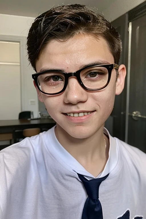 1boy Boy with glasses. Age 15 tears old, Wear school clothes. Smile sweetly.