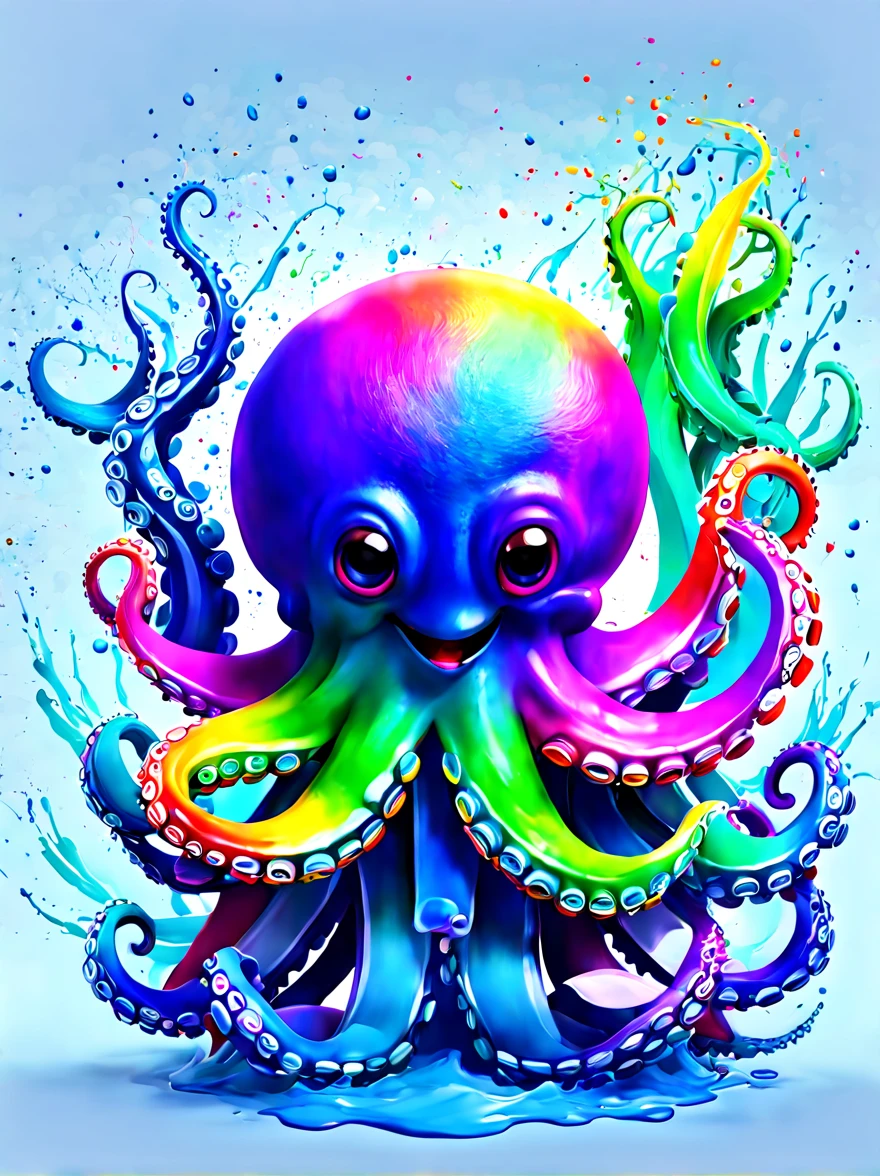 (Colorful rainbow octopus in colorful ink style:1.5),((paint brushes,Drawing board,Drawing plate:1.5)),(Covered with ink splatters), Lovely 3D rendering, (Character covered in ink liquid splatter), (Underwater world background,Splashed ink,ink:1.3D cinema rendering octane, blender art, Hospital 4D color rendering, highly detailed photo of happy, Rendering in cinema4d, 4D cinema rendering, Colorful octane rendering, 3d illustration, 3D illustration, Stylized for 3D rendering . energetic, beautiful, translucent, complex, detailed