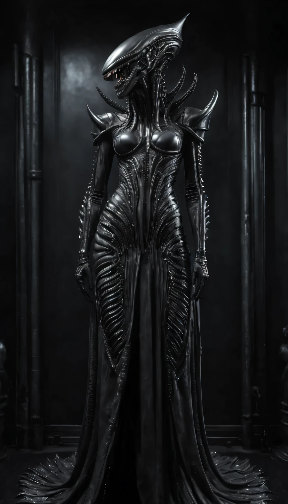 Woman design'dress in the style of xenomorphs from the movie Aliens in the style of Hans Giger, full compliance with the style of Hans Giger, creepy design, scary dress, high detail, photorealistic