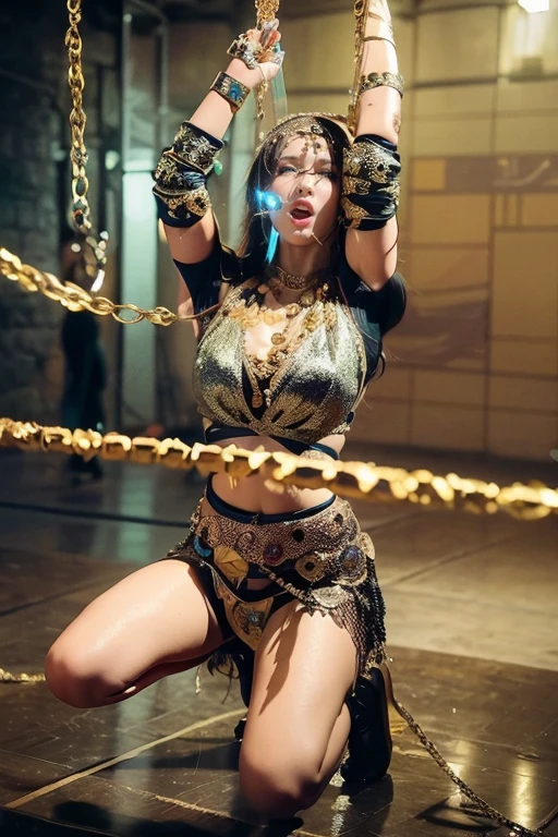 Arafi woman in gold costume with chains and chains, cyberpunk angry gorgeous goddess, Ropes and chains, arabian wrestling woman, pull out her sword, she is ready to fight, akali from league of legends, Quieter than Metal Gear Solid, kitana from mortal kombat, Loba Andrade in Apex Legends, rope bondage, metal bikini