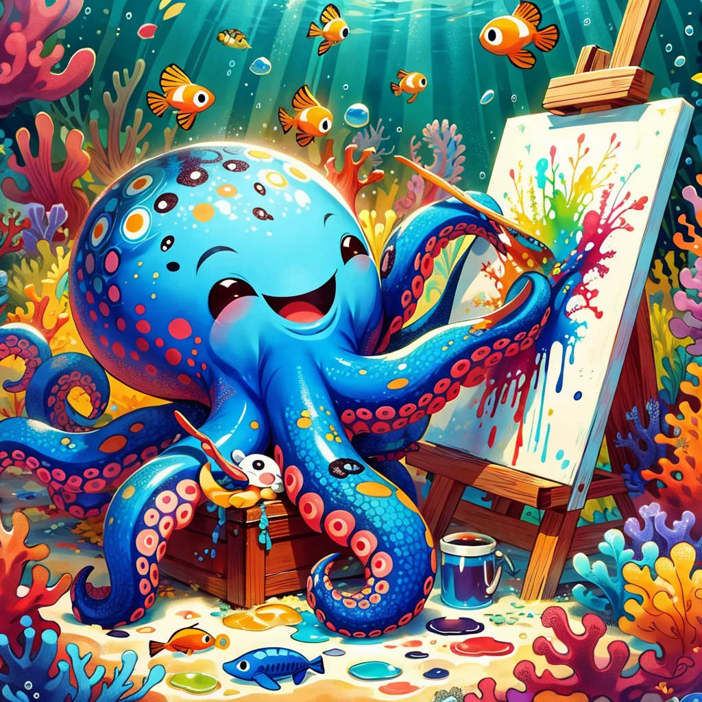 Continue with the same style and whimsical atmosphere as the previous illustrations, depicting an underwater world with a cute octopus engaging in painting. Emphasize the intense splatter effect of oil paint and colorful ink, with more splashes on the canvas and on the octopus itself. The octopus should appear happily engaged in its artistic activity, surrounded by a vibrant aquatic environment with coral and marine life.