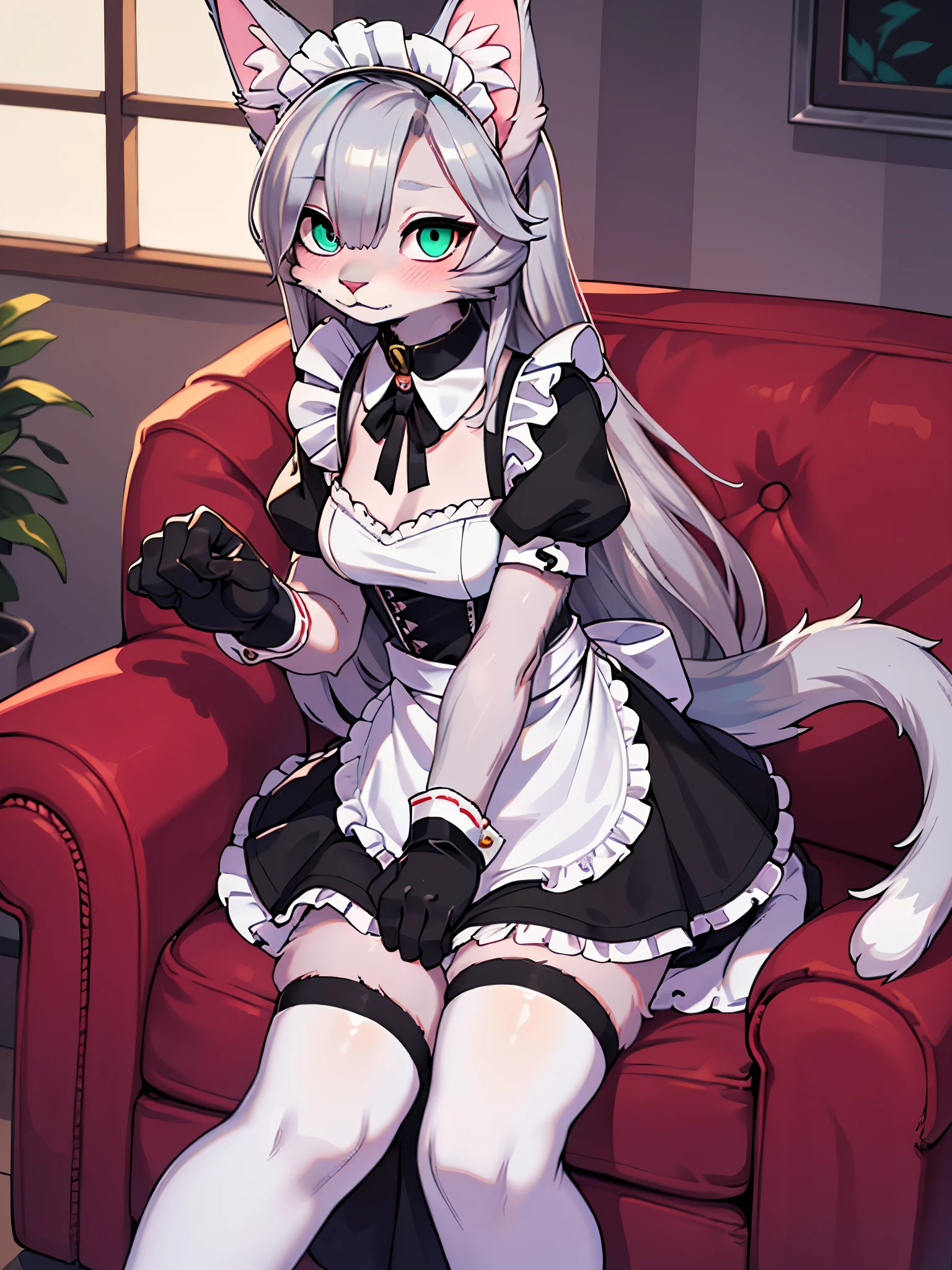 (detailed snout and eyes:1.3), Masterpiece, perfect, highly detailed, furry, Anthro, (adult), (1female), (adult cat girl), (fluffy fur:1.2), (pink fur:1.2), (1fluffy cat tail), (silver long hair:1.6), (hair over one eye:1.2), (silver cat ears:1.6), (teal cat eyes:1.2), {cat's pupil}, medium breasts, wearing a black collar, comfy clothes, (wearing a long elegant and classic maid dress:1.4), {long black maid skirt:1.2}, frills, (silk white gloves), (silk white thigh-highs socks), elegant Livingroom background, shy, blushing, alone, slightly bending forward

