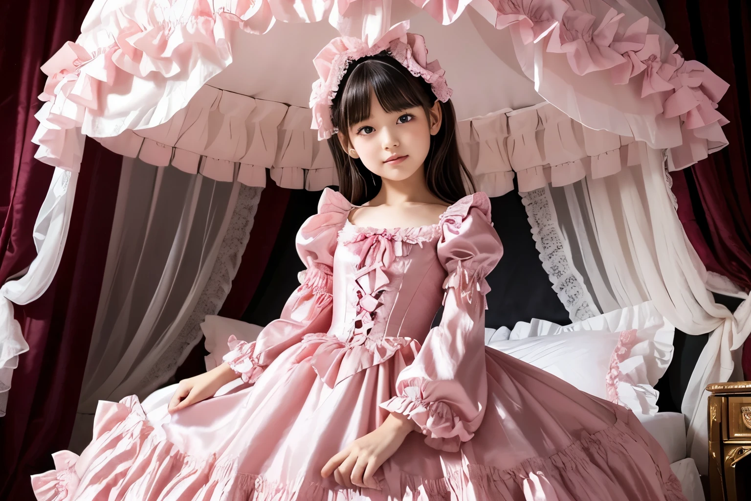 highest quality, masterpiece, highest resolution, artwork, super それにget used to it, many get used to it, get used to it, それにget used to it,(), Girl, ,the girl is a princess,((girly dark pink satin fabric)), ((A Victorian ballgown dress with plenty of pink ruffles and bows and a voluminous full-length hoop skirt.)),long sleeve,long dress,A dress with lots of frills and ribbons..,luxury,((Palace bedroom)),((Huge square victorian canopy king size bed)),lots of frilly pillows,ruffle bed skirt,