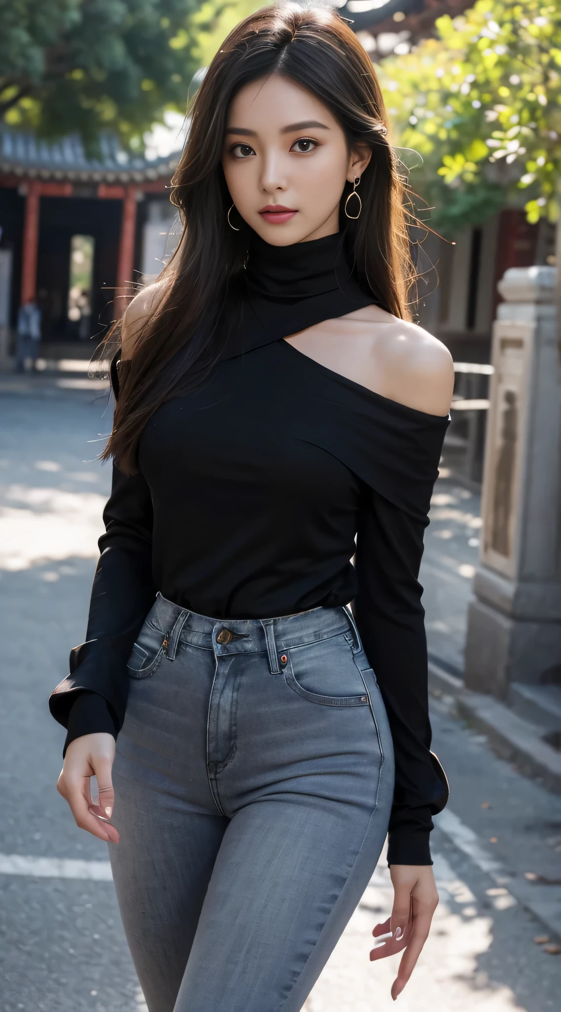 best quality, Unlimited details, best quality, front Photo, beautiful beautiful girl, Feminine, a perfect face proportion, blush, Ha ha, ExquiPlace facial features, 甜美的Ha ha容, exquiPlace eyes, Slim lashes, beautiful eyes sweet silk, earrings, necklace, Delicate collarbone, long flowing hair, Light滑的头发, ((Shiny turtleneck off-shoulder shirt, Black shirt skinny jeans: 1.3)), boxes, Perfect body, folds, delicate skin, not exposed, dynamic action, outdoor, dusk, Place, depth of Place, large depth of Place, perfect details, extreme details, The extremes of reality, Movie CG rendering, Light, masterpiece, Tyndall effect, Hokujoji Temple image