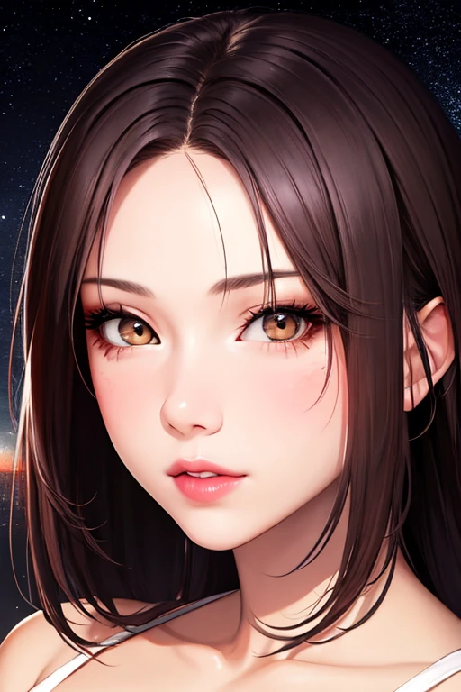 1girl, beautiful face, ((white eyes)), sexy pose, Red moon in the background, stars, space, (lightroom:1.13), soft light, (natural skin texture:1.2), (hyperrealism:1.2), sharp focus, focused,[[realistic]]