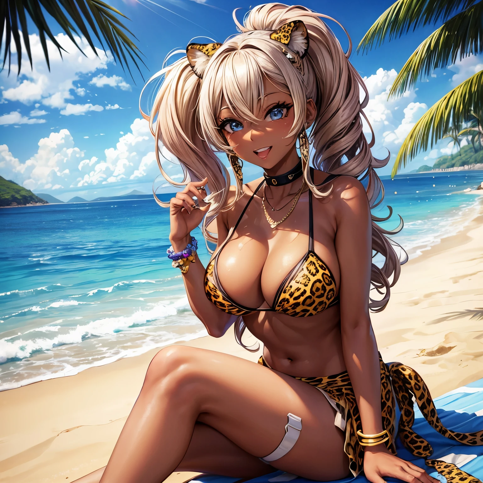 {{{{{masterpiece,Best Quality,ultra-detail,8k}}}}},1 woman,ganguro,ko-gal,japanese-gyaru,chocolate-brown-skin,false-eyelash,gyaru-makeup,Happy laughter,Beautiful ponytail hairstyle,Beautiful face,beautiful large blue eyes,Have a beach ball,Beautiful summer beach background,(Leopard print swimware:1.1),