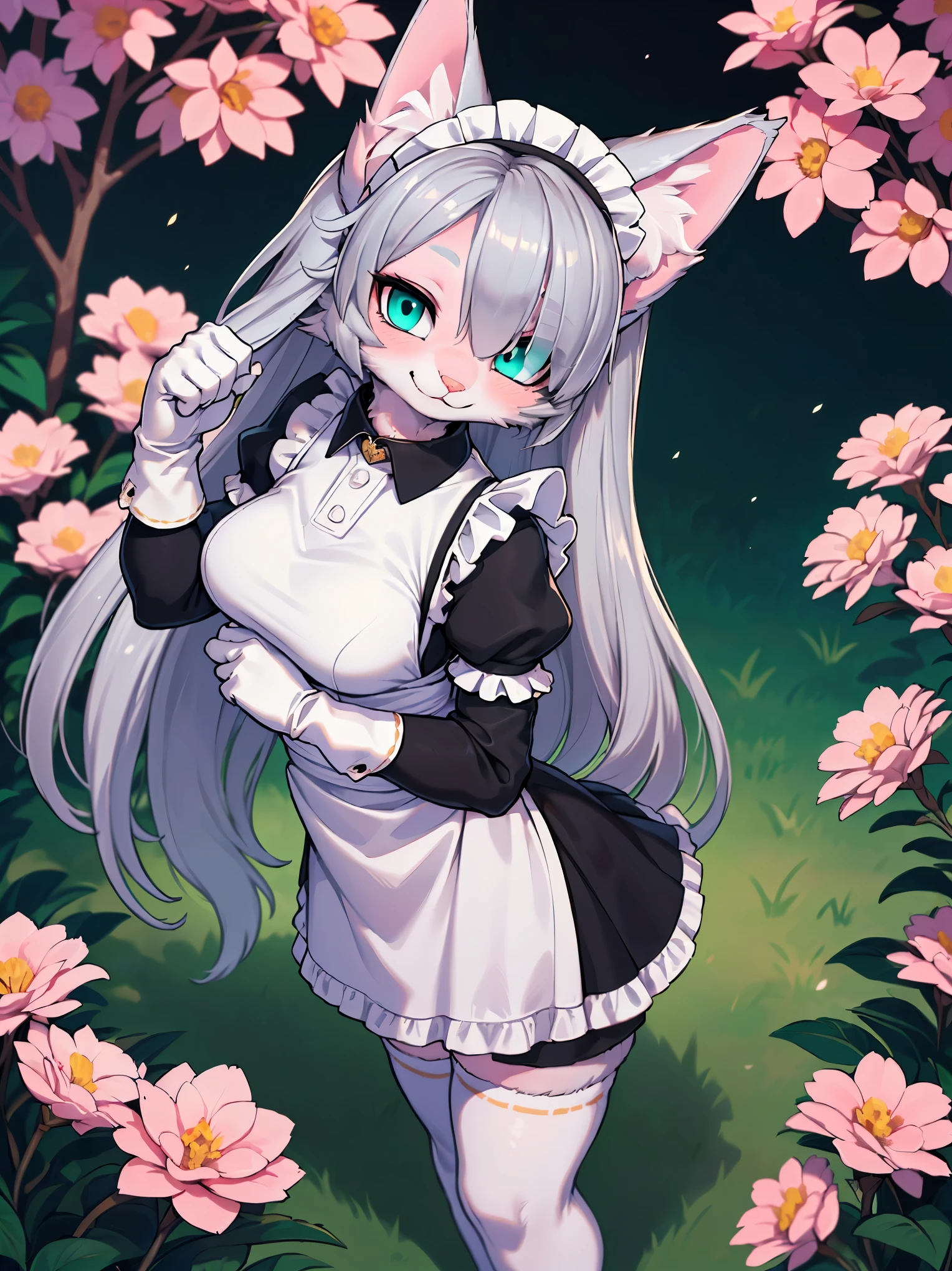 (detailed snout and eyes:1.3), Masterpiece, perfect, highly detailed, furry, Anthro, (adult), (1female), (adult cat girl), (fluffy fur:1.2), (pink fur:1.3), (1fluffy cat tail), (silver long hair:1.6), (hair over one eye:1.2), (silver cat ears:1.6), (teal cat eyes:1.2), {cat's pupil}, medium breasts, wearing a black collar, comfy clothes, (wearing a long elegant and classic maid dress:1.4), {long black maid skirt:1.2}, frills, (silk white gloves), (silk white thigh-highs socks), beautiful garden background, caressing flowers, smiling, right angle view, standing