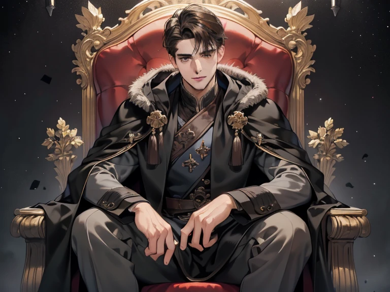 masterpiece, highest quality, detailed face, realistic, 1 man, mature men, good looking, 25 years old, closed mouth, portrait, extremely detailed face, Cold and grin, ((dark gray eyes)), ((Short right sweep dark brown hair)), [thick eyebrows], Dark palace, ((Long black cloak)), ((All Black)), (dark gray eyes), night sky, Sitting on the throne