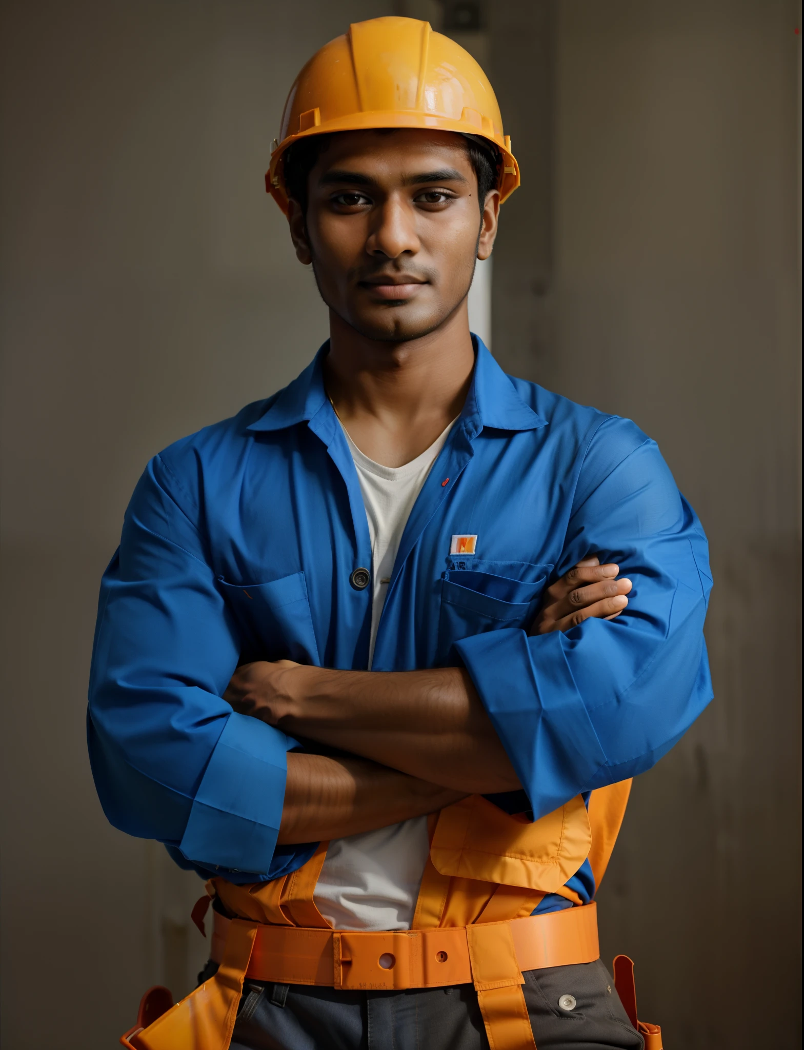 (25yo indian man), in labour uniform, arafed construction worker with arms crossed and a hard hat on, engineer, construction, civil engineer, mechanic, very professional, working clothes, attractive man, well lit professional photo, proffesional, professional profile photo, fine professional photo, confident pose, high quality portrait, yellow hardhat, professional profile picture, handsome man, stock photo, photo portrait, man