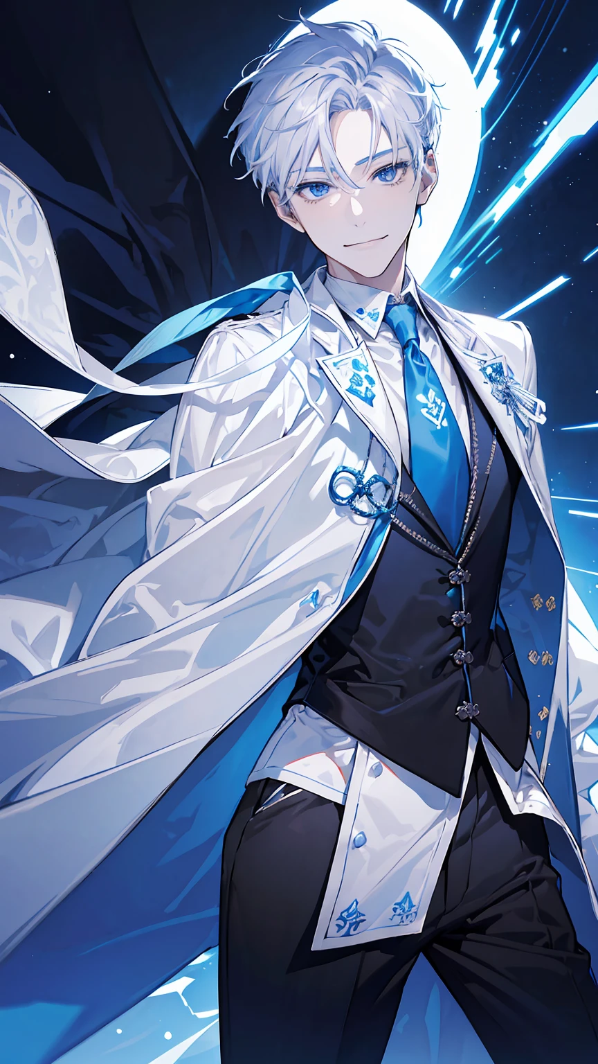 1young man,solo, male photo,confident smile, silver hair, ((short hair)), (short sideburns),light blue eyes, slant eyes,anatomically correct,blue ribbon tie,black gloves,((white cloak)),black suit,beautiful japanese style background,best quality, high quality,masterpiece, 8K