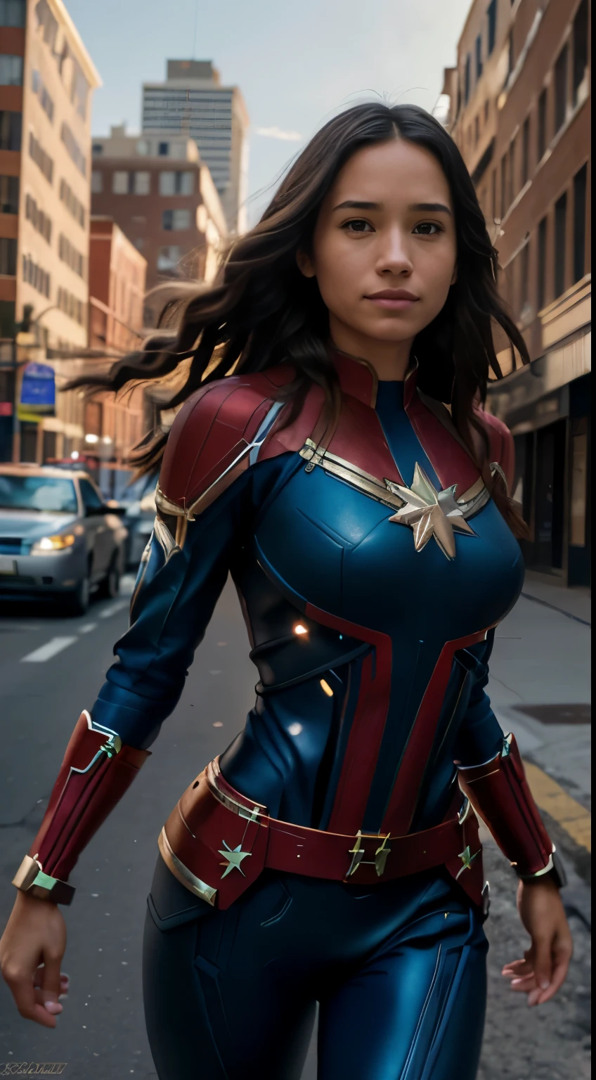 Foto hiperrealista en primer plano de Kelsey Asbille (native American) as a Captain Marvel on the city street, masterpiece, best quality, (photorealistic:1.4), full body,  cinematic light, beautiful woman, skinny, large big breasts, black long hair, detailed face, smile, facing the camera, photo taken from a distance, age of 25 years old