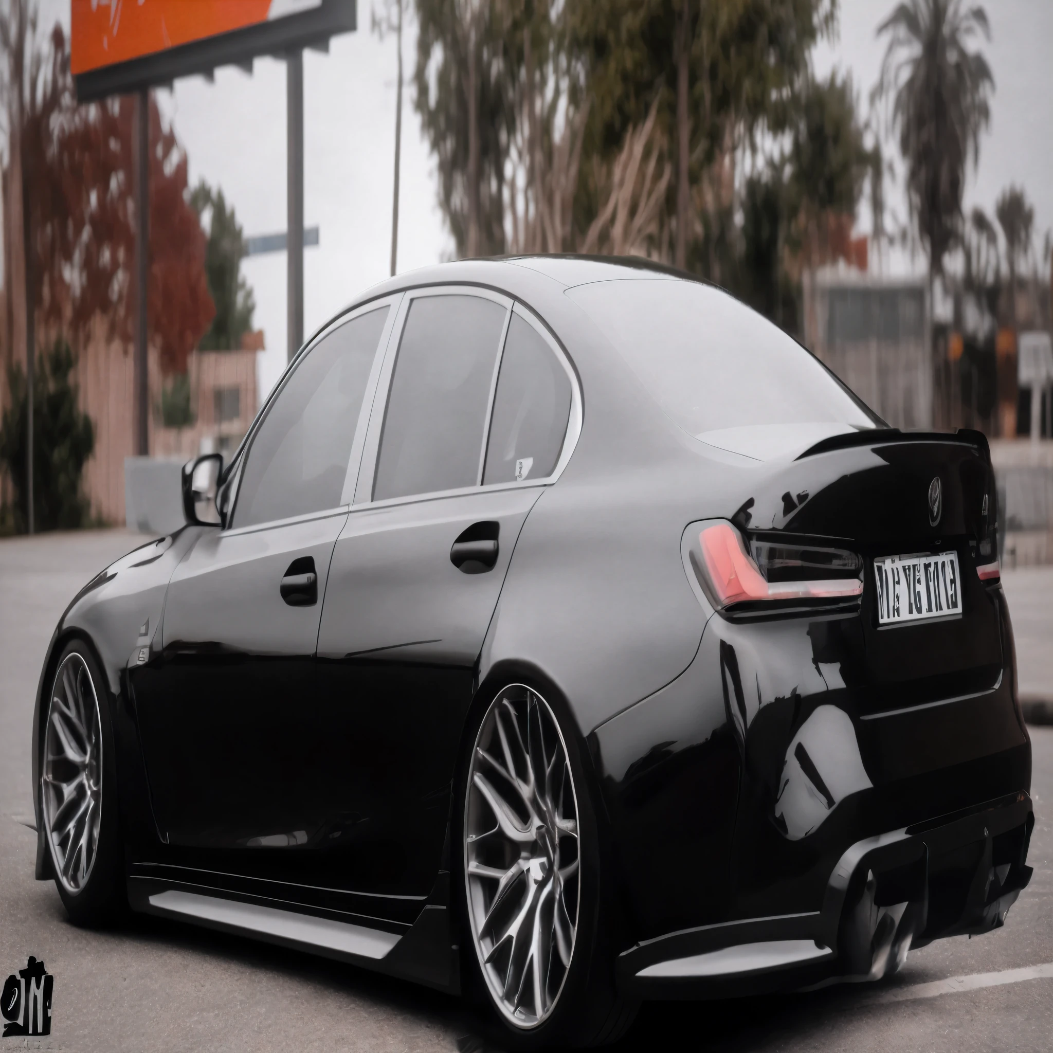arafed black car parked in a parking lot with a sign in the background, wide body, low view, hyper realistic style, full view of a car, modern minimalist f 2 0, sideview, great finesse hyper detailed, hyper real render, gta 6 style, modern minimalist f 2 0 clean, hyper detailed!!, s clean lines, in style of ultra realistic