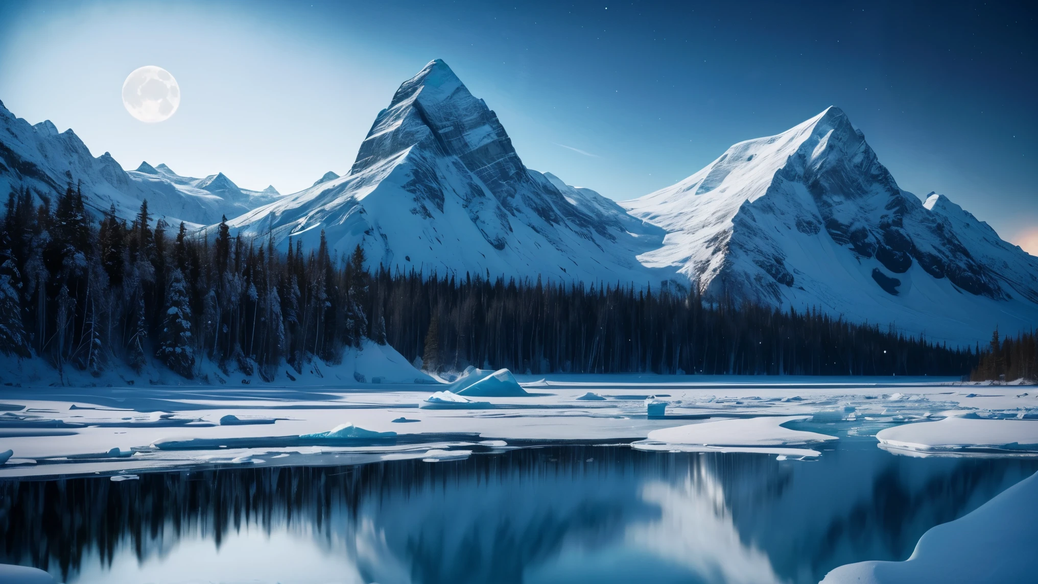 An exquisite arctic landscape painted in various shades of ethereal blue, showcasing the untouched beauty of icy glaciers, sparkling snow-covered peaks, and an expansive frozen forest stretching as far as the eye can see. A landscape with feminine curves. Mounds reminiscent of the
the shape of generous breasts. (An ultra modern scientific base is casting light to the sky:1.3).The serene atmosphere is intensified by the soft glow of the moon reflecting off the crystalline ice, creating a captivating tableau of pure tranquility and awe-inspiring natural wonders. Northern lights. National geographic style. Masterpiece. UHD.