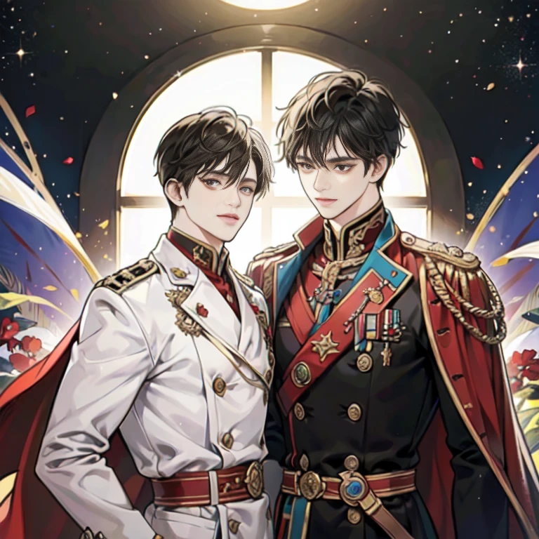 colorful, masterpiece, high quality, sharp, auto focus, looking at something else, ((2 men)),( Gay Men,Yaoi Male), Handsome brothers, empty eyes, Ruby-shaped pupils, shining eyes, evil smile, man's face,male hair, pixie cut, Hair above the eyes, hair between eyes,Old commander's uniform, Upper body, cinematic, Particle Light, best shadow, ray tracing, very detailed