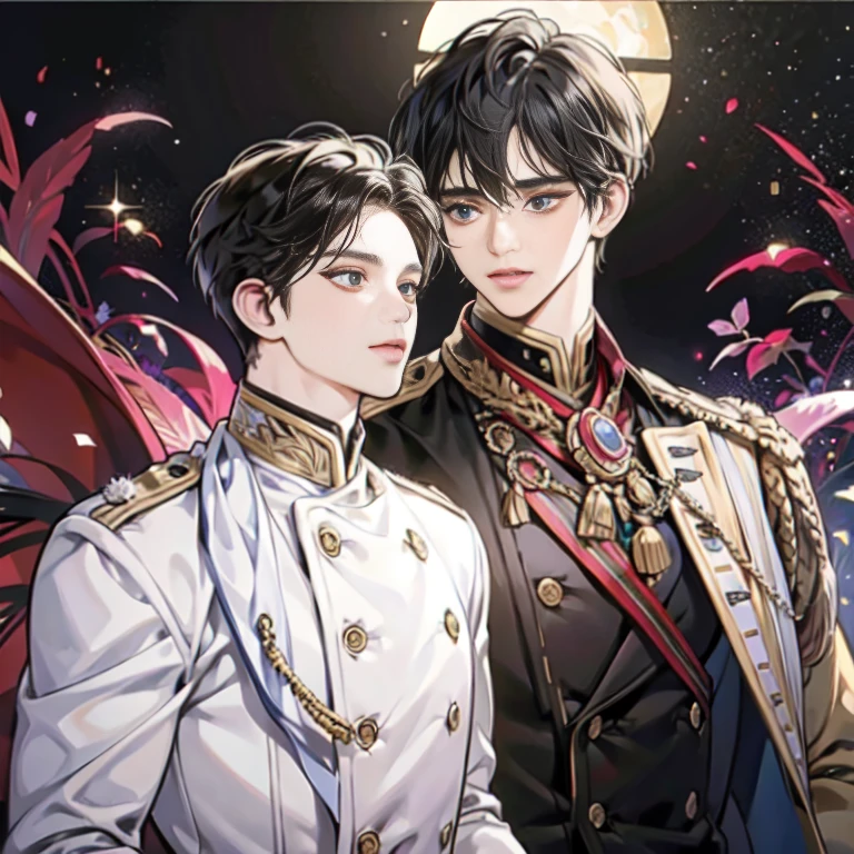 colorful, masterpiece, high quality, sharp, auto focus, looking at something else, ((2 men)),( Gay Men,Yaoi Male), Handsome brothers, empty eyes, Ruby-shaped pupils, shining eyes, evil smile, man's face,male hair, pixie cut, Hair above the eyes, hair between eyes,Old commander's uniform, Upper body, cinematic, Particle Light, best shadow, ray tracing, very detailed
