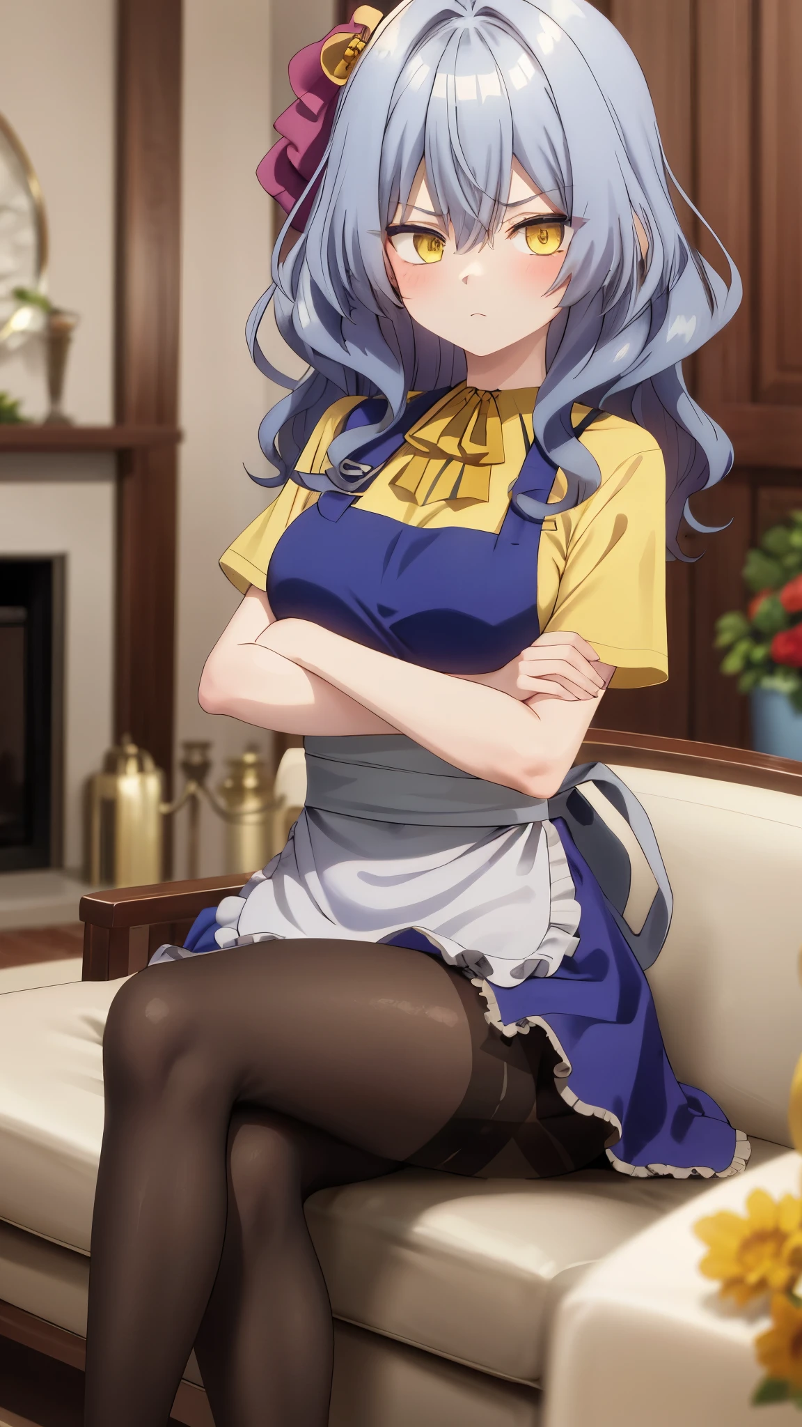 One girl with wavy hair, bangs, yellow eyes, looking at viewer, blushing, embarrassed, serious expression, indoor, living room, t shirt, thigh, apron, sitting, crossed legs, bare legs, crossed arms, mid-chest, day atmosphere, hair ornament, medium breasts,  focus, blurry background, mature female, pantyhose