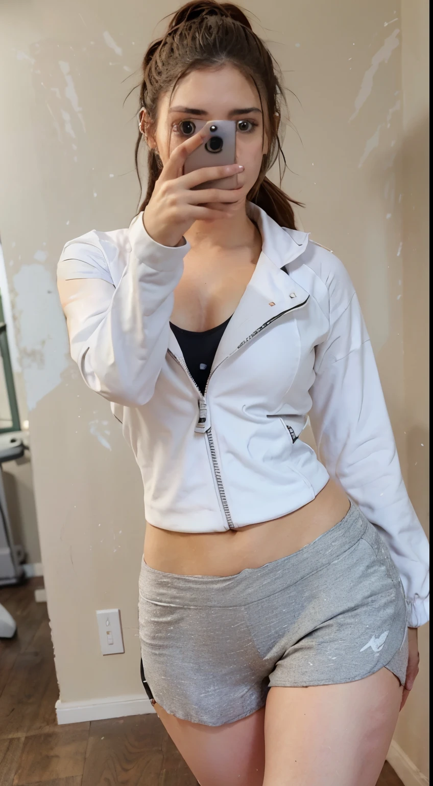 woman in a white jacket and gray shorts taking a selfie, fit pic, exposed thighs!!!, thicc, working out, thighs!!!, thighs!!!!!!, sport bra and shorts, in a gym, two piece workout clothes, bare thighs!!!, cottagecore!! fitness body, well toned, toned shape, fit girl, legs and arms, fit body