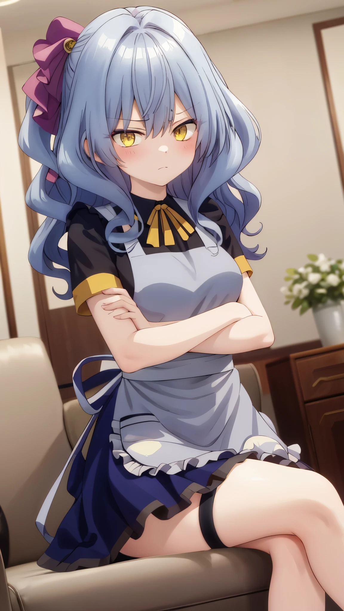 One girl with wavy hair, bangs, yellow eyes, looking at viewer, blushing, embarrassed, serious expression, indoor, living room, t shirt, thigh, apron, sitting, crossed legs, bare legs, crossed arms, mid-chest, day atmosphere, hair ornament, medium breasts,  focus, blurry background, mature female, stocking