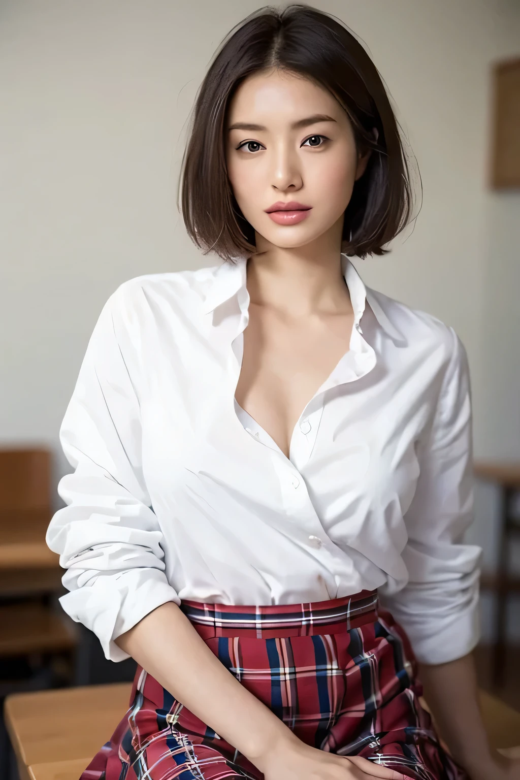 (highest quality,8K,masterpiece),
Very beautiful Japan models,fine skin,realistic skin, lip gloss,rouge,
very short hair,pixie cut,
School_uniform, 大き目のイヤリング
big breasts,peach,
plaid skirt, white shirt, big breasts,