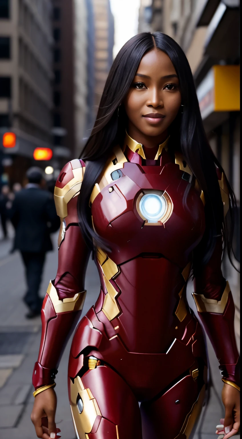 Foto hiperrealista en primer plano de Naomi Campbell Wearing a high-quality Iron man suit, on the city street, cinematic light, beautiful woman, skinny, medium breasts, black long hair, detailed face, smile, facing the camera, photo taken from a distance, age of 14 years old