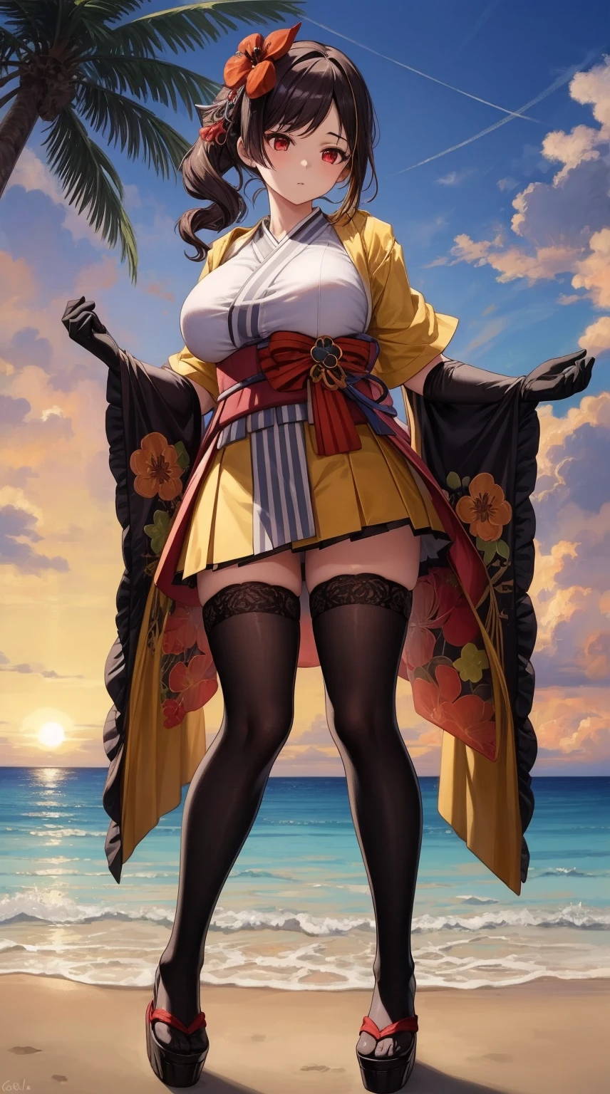 girl, solo, full body, from head to toe, standing, (Huge_Breasts:1.3),

Majestic sunset on a tropical beach with crystal clear turquoise waters, palm trees swaying in the gentle breeze, golden sand, vibrant colors, tranquil atmosphere,

chiori, 1girl, brown hair, drill hair, hair ornament, hair flower, flower, red eyes, elbow gloves, short sleeves, wide sleeves, japanese clothes, kimono, pleated skirt,dress, black thighhighs,

this character is standing in kimono