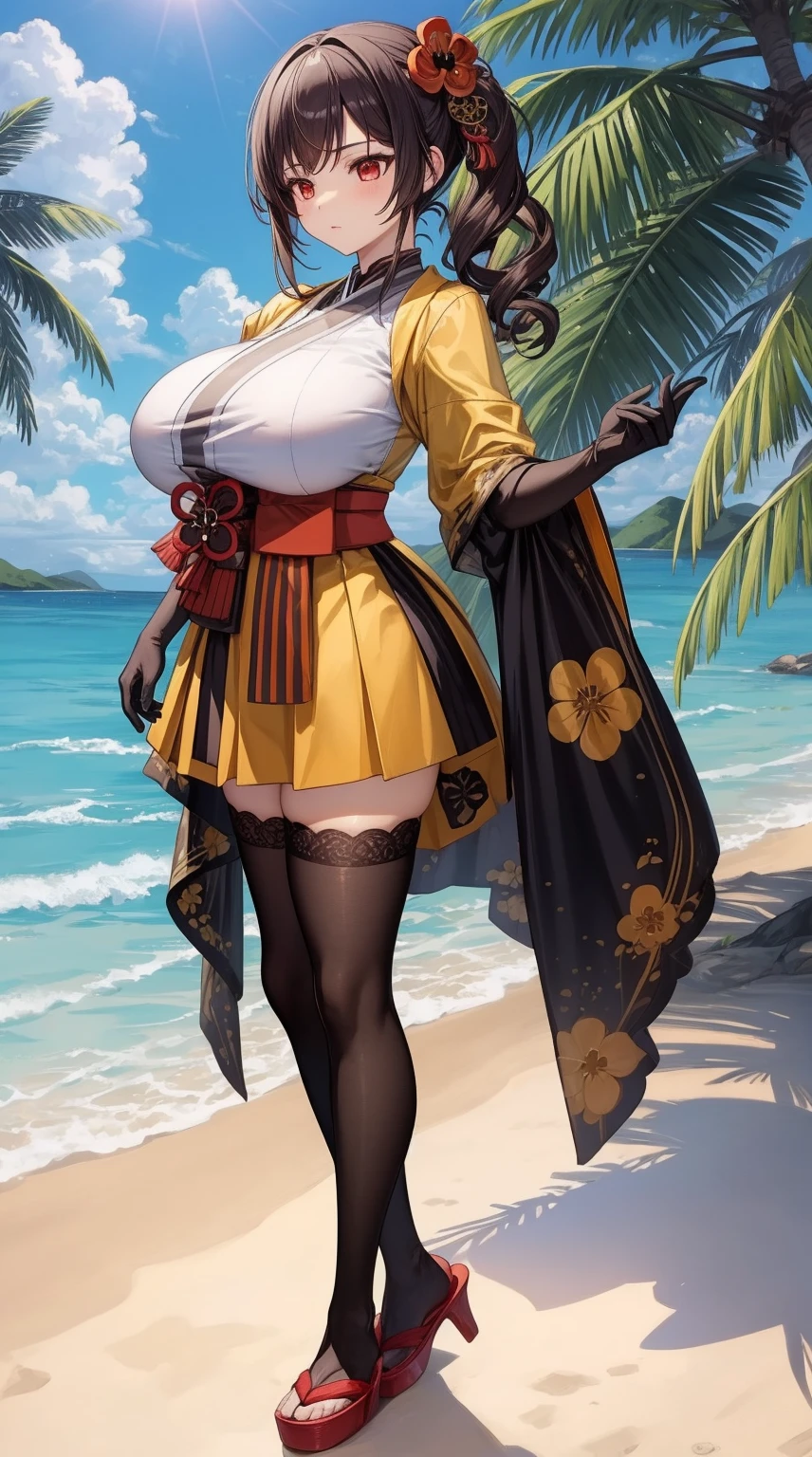 girl, solo, full body, from head to toe, standing, (Huge_Breasts:1.3),

Majestic sunset on a tropical beach with crystal clear turquoise waters, palm trees swaying in the gentle breeze, golden sand, vibrant colors, tranquil atmosphere,

chiori, 1girl, brown hair, drill hair, hair ornament, hair flower, flower, red eyes, elbow gloves, short sleeves, wide sleeves, japanese clothes, kimono, pleated skirt,dress, black thighhighs,

this character is standing in kimono