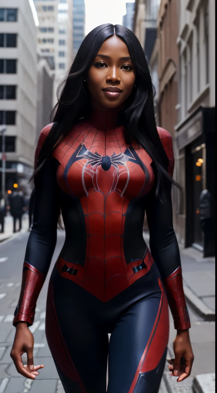 Foto hiperrealista en primer plano de Naomi Campbell Wearing a high-quality Spider man suit, on the city street, cinematic light, beautiful woman, skinny, medium breasts, black long hair, detailed face, smile, facing the camera, photo taken from a distance, age of 14 years old