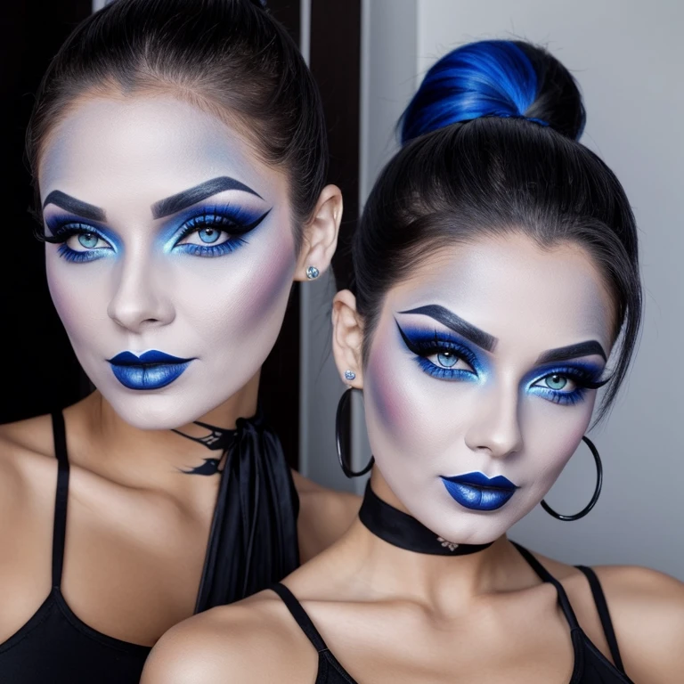 Sexy goth woman,blue face makeup, ponytail,genie