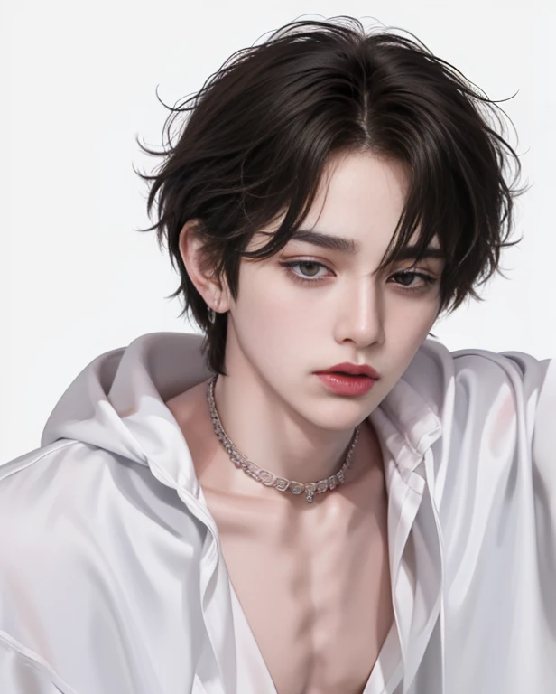 ((1male))),((Ulzzang)),((messy hair)),good looking,((male)),(white background),necklace,tattoo,((Korean)),model,take a pose,((short hair)),Sensual eyes,((crop top))