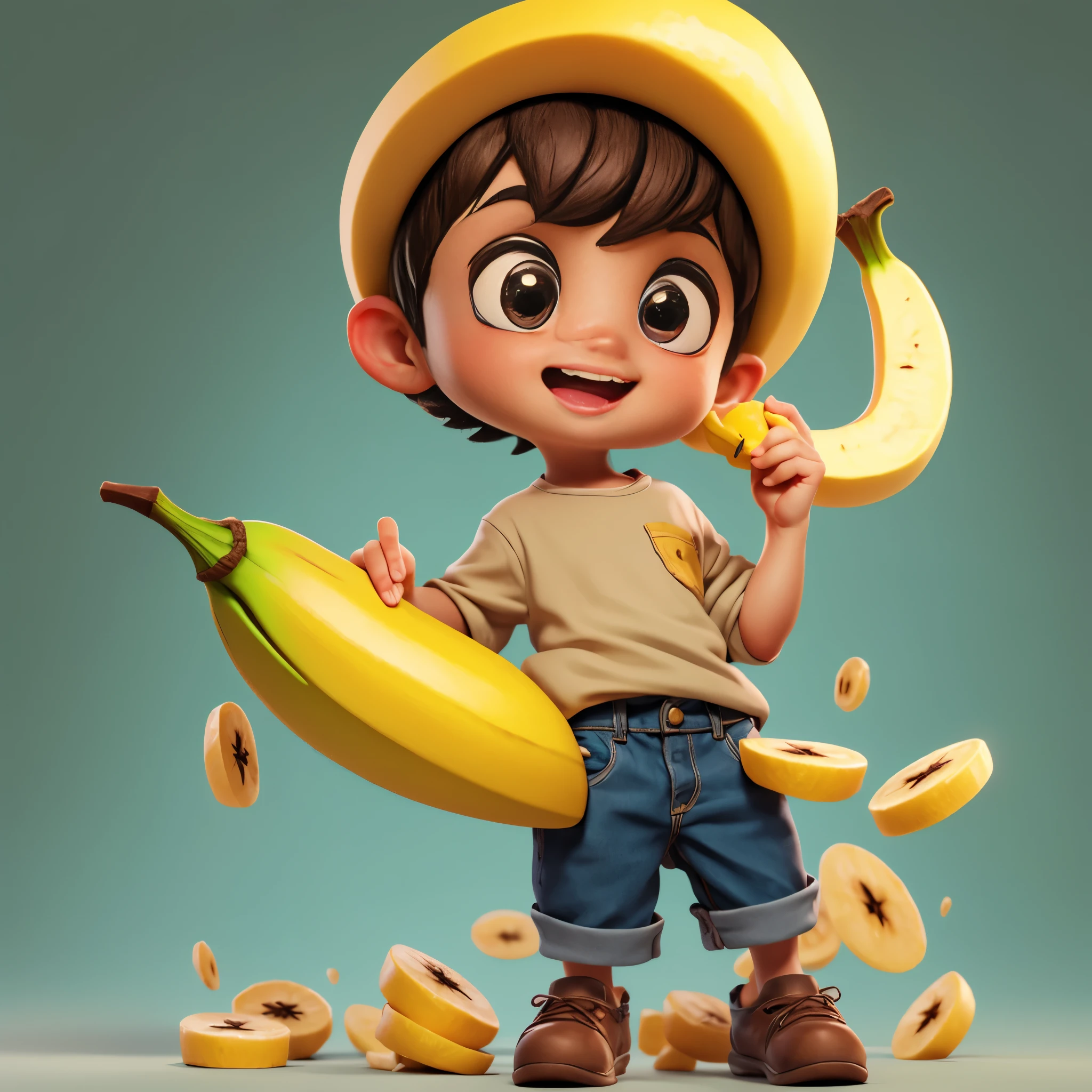 a cute little boy,Holding a banana in his hand,beautiful banana,front view, Pixar style, best quality, masterpiece, very cute, big eyes, happy,