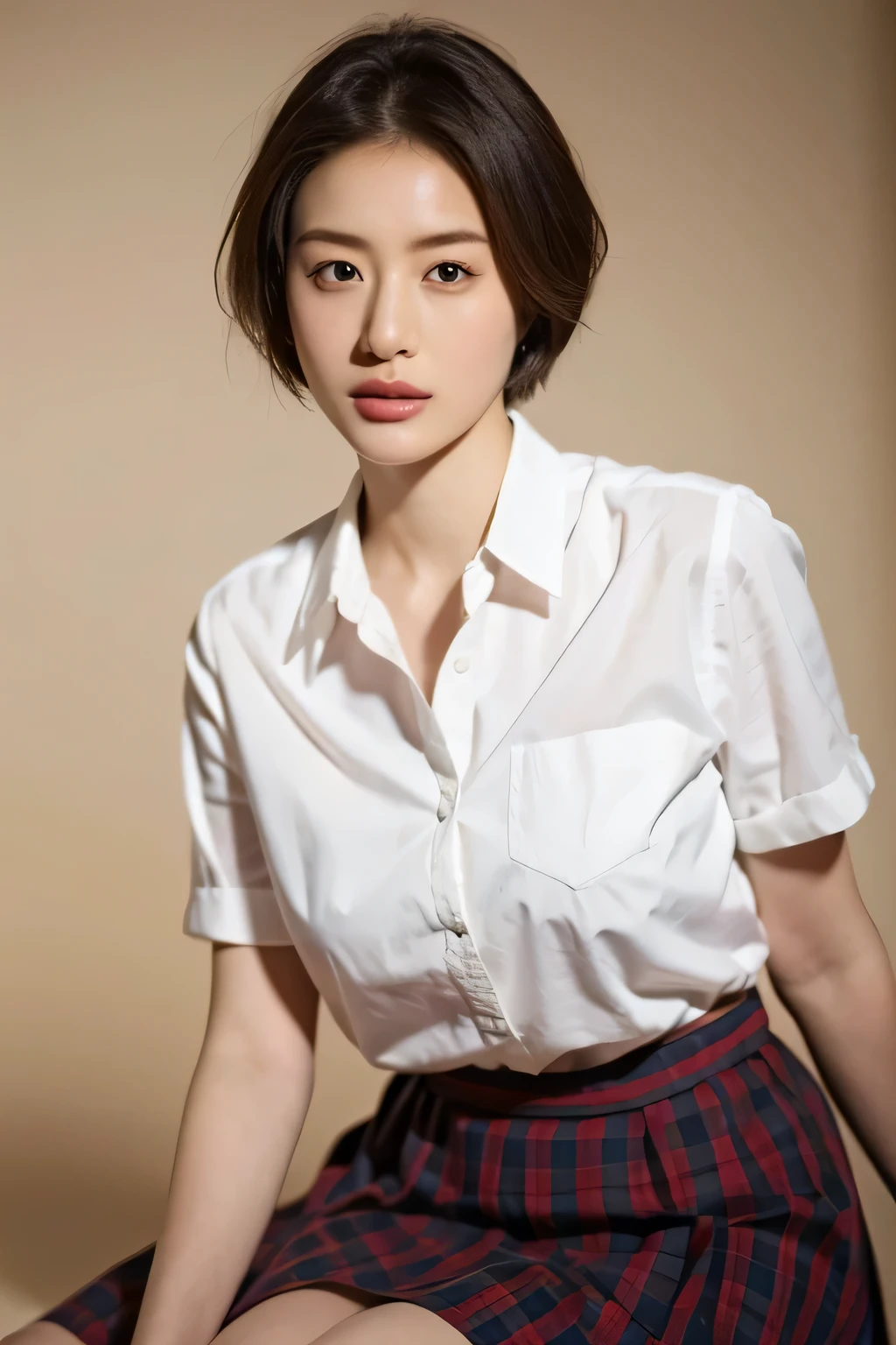 (highest quality,8K,masterpiece),
Very beautiful Japan models,fine skin,realistic skin, lip gloss,rouge,
very short hair,pixie cut,
School_uniform, 大き目のイヤリング
big breasts,peach,
plaid skirt, white shirt, big breasts,