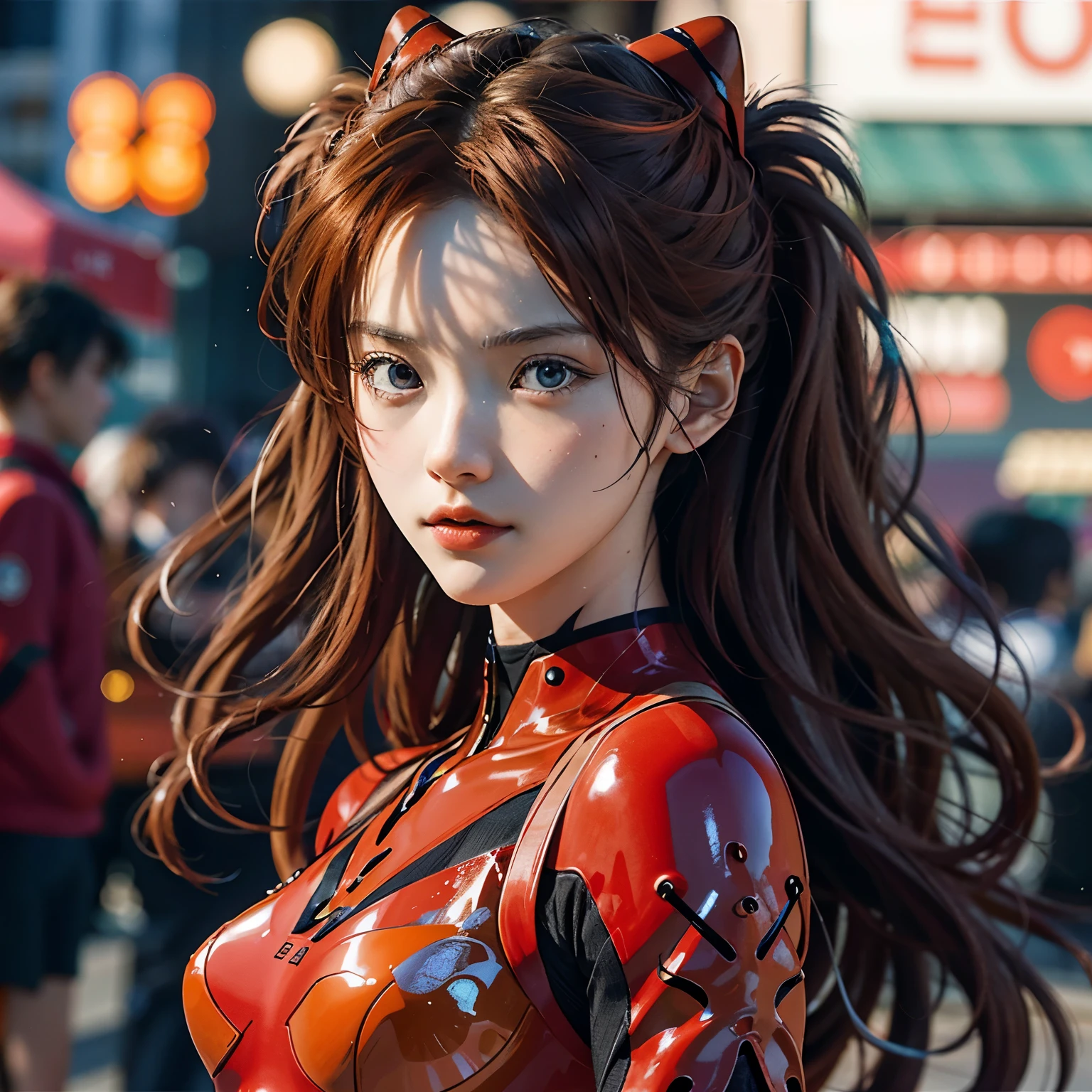 Alta calidad, or high quality, image featuring Soryu Asuka Langley, a fierce and beautiful anime character, with a realistic and vividly detailed portrait. Her expressive eyes and detailed face, adorned with long, red hair and beautiful, detailed lips, convey intense emotions. Soryu wears a striking red latex suit, showcasing her slim figure, voluptuous curves, and large breasts. The background of the image is the vibrant and lively colors of a bustling city, illuminated by studio lighting. Soryu's fierce expression and the intricate details of her red trajedo complete this captivating and high-definition masterpiece.