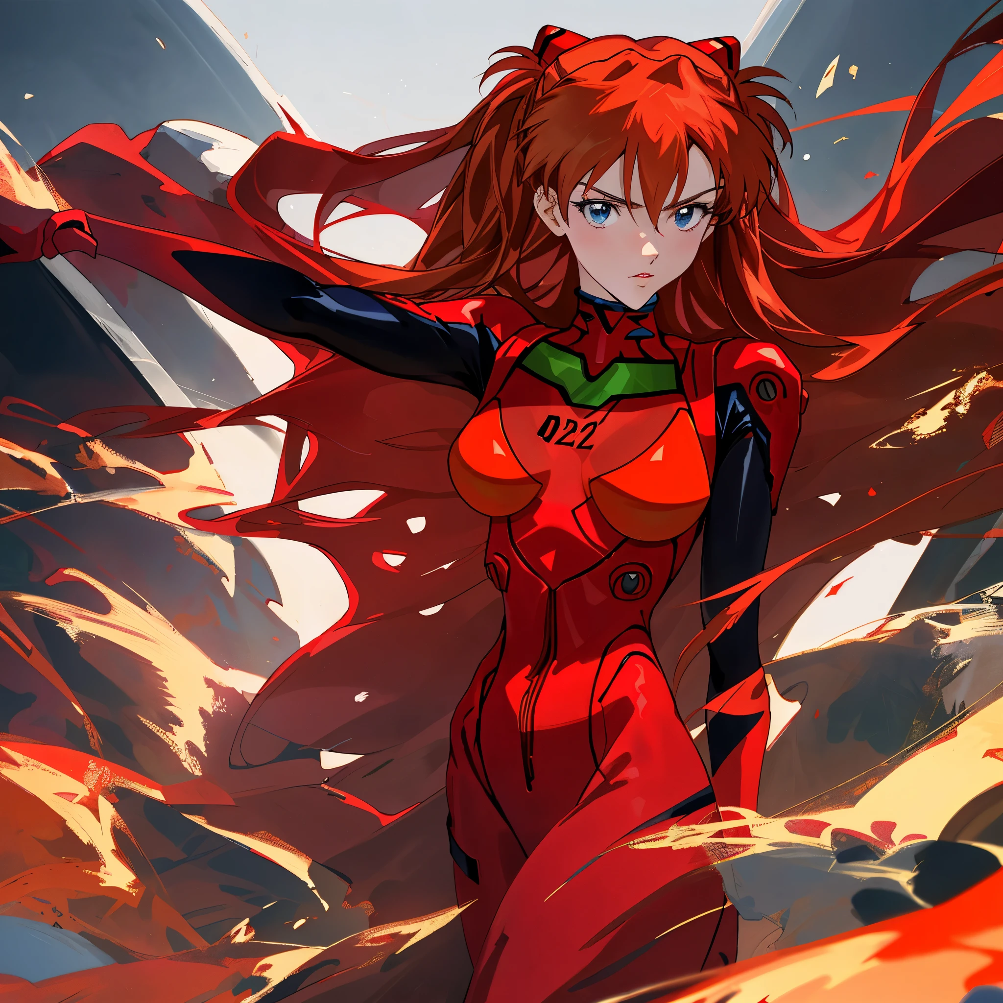 (Master-level quality), High definition, Anime style, Asuka Langley Soryu - the gorgeous German girl, (Handsome face), seductive lips, intense gaze, Detailed dark blue eyes, Realism meets anime influence., (Dramatic pose), Red dress, Red hair, Large breasts, Curvy figure.

Asuka, the stunning German girl,exudes confidence with her captivating animated features. In a dynamic pose, she wears a red dress that hugs her curves, enhancing her allure. Her rich, red hair cascades down her back, framing her handsome face with its seductive lips and intense gaze. Her dark blue eyes, full
